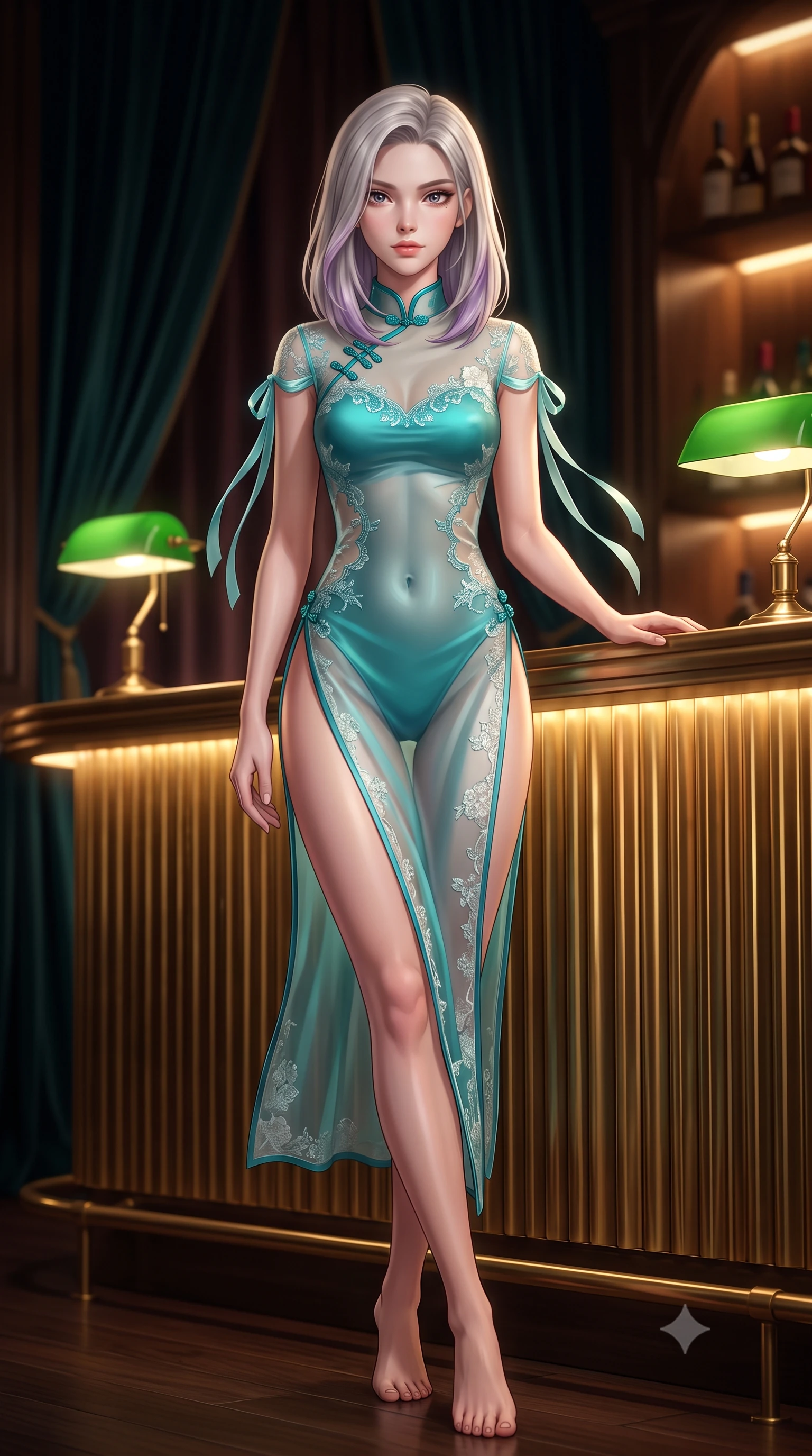 score_9, masterpiece, best quality, ultra-detailed, high-budget anime keyframe, semi-realistic 3D game render, editorial fashion photography, tasteful artistic composition, Caucasian woman. low angle full-body shot from head to toe showing her feet, filling the entire 9:16 vertical frame with her statuesque presence, stretching her vertical silhouette. stepping slowly toward the camera with hypnotic grace, hips swaying in an alluring sensual rhythm that accentuates her curvy hourglass silhouette and long slender legs while leaning against the fluted brass bar counter with hips cocked back, looking over a bare shoulder with heavy-lidded bedroom-eyes. The background shows a soft-focus deep velvet drapery softened in ultra-exclusive British private club shallow focus. She has an exceptionally tall and slender model-like 8.5-heads proportion, an ultra-slim waist, a flat toned midriff, narrow delicate ribcage, and beautifully sculpted feminine hips creating a graceful, slim hourglass silhouette without any bulky heaviness, with impossibly long slender legs. sharp v-shaped jawline, high-bridge nose, intricate jewel-like sparkling eyes with depth, thick eyelashes, glossy parted lips with a natural peach sheen, bright cheerful beaming smile with an enchanting and coquettish sensual glint, exuding both youthful cute charm and seductive allure, flawlessly proportioned anatomical accuracy, strict slender model proportions, natural body alignment, perfectly sculpted long slender limbs, ultra-slim waistline, clean dynamic posture without body distortion. wearing a provocative sheer silk organza modern qipao dress with dramatic hip-high side slits and translucent mesh frog-button bodice in Mediterranean bioluminescent teal and radiant pearl, made of delicate embroidered tulle lace with intricate floral motifs and soft transparency, finished with satin ribbon ties at the shoulders fluttering in the gentle breeze, the second-skin tailored fabric adhering flawlessly to her sculpted flat midriff and slender torso, emphasizing her long leg lines and perfectly proportioned willowy build. bathed in the rich chiaroscuro 2400K incandescent warmth of green banker's lamps and concealed shelf downlights. highly saturated vibrant anime colors, detailed shading with soft gradients, rich glossy textures, high-contrast stereoscopic depth, volumetric dynamic lighting, master piece, 9:16 ratio