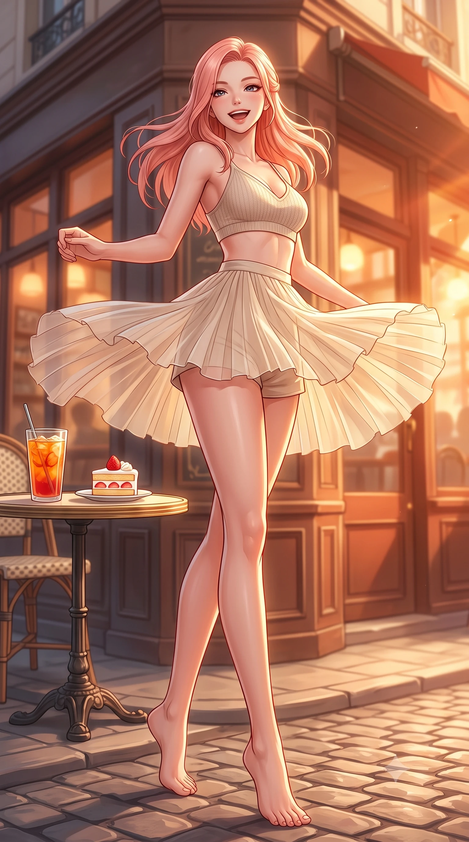 score_9, masterpiece, best quality, ultra-detailed, high-budget anime keyframe, editorial fashion photography, tasteful artistic composition, Japanese woman. low angle full-body shot from head to toe showing her feet, filling the entire 9:16 vertical frame with her statuesque presence, stretching her vertical silhouette. twirling around with a playful, cute laugh, her skirt billowing beautifully in the air set against a soft-focus background of at a vintage Parisian-style cafe corner next to a quiet cobblestone street with a glass of iced fruit tea and a slice of strawberry shortcake nearby. She has an absolutely perfect, statuesque 8.5-heads proportion, an exceptionally tall and slender model-like female figure with impossibly long slender legs and an ultra-slim waist. sharp v-shaped jawline, high-bridge nose, intricate jewel-like eyes with depth, thick eyelashes, glossy lips with a natural sheen. wearing tailored sheer chiffon wrap top in cream, worn over a slim-fit knit bralette and low-cut shorts. golden hour sunset rays painting the cozy interior in a warm orange wash. highly saturated vibrant anime colors, detailed shading with soft gradients, rich glossy textures, high-contrast stereoscopic depth, volumetric dynamic lighting, master piece, 9:16 ratio