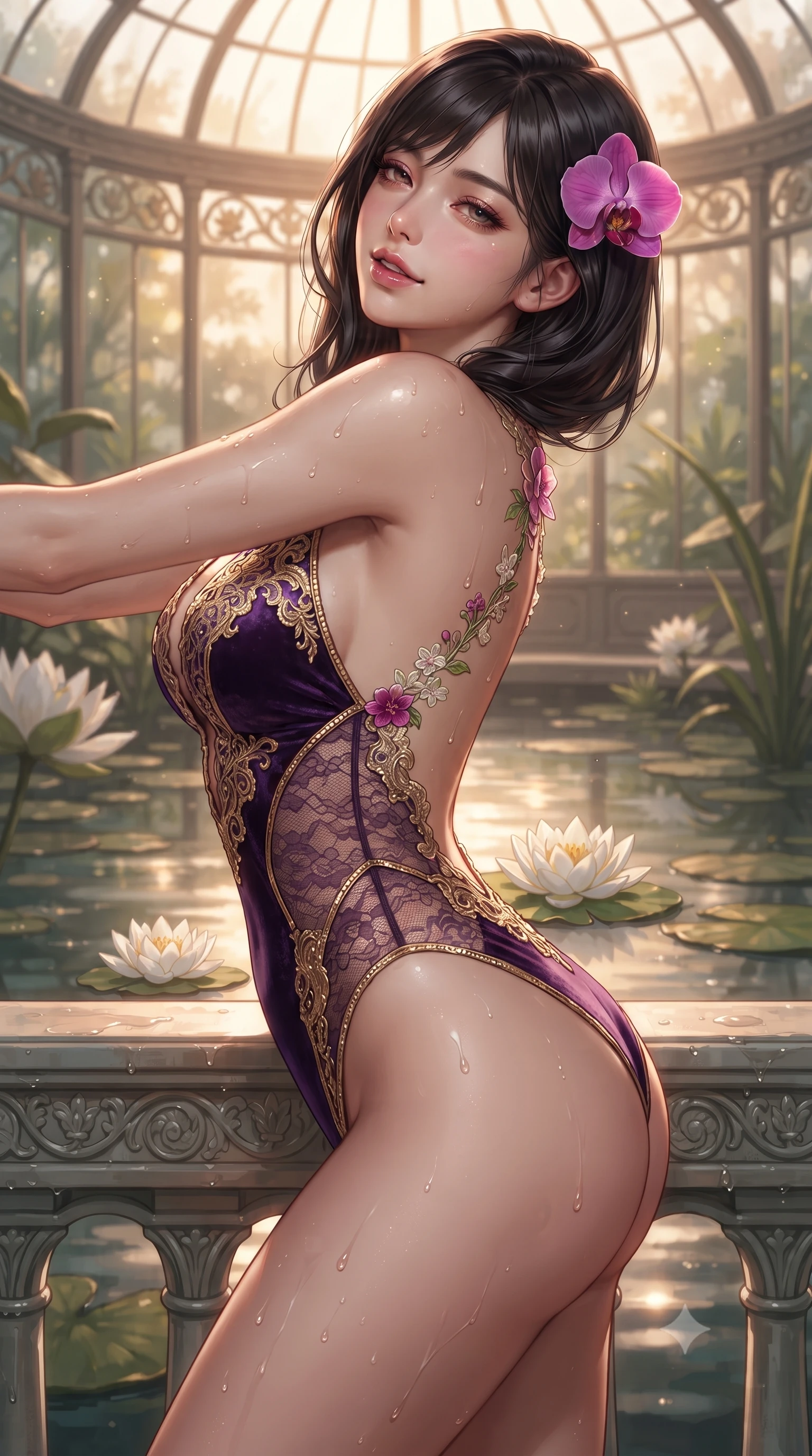 score_9, masterpiece, best quality, ultra-detailed, high-budget anime keyframe, editorial fashion photography, tasteful artistic composition, Korean woman. close-up cowboy shot from the waist and thighs up, the character dominates the composition, filling the frame with her large presence. leaning back against the balustrade with relaxed seductive grace, head tilted back slightly while casting a hypnotic, heavy-lidded gaze while twisting her slender torso in an alluring S-curve, floating white water lily blossoms mirroring her flat midriff and curvy hips. The surrounding environment is rendered in vivid detail and crisp panoramic clarity: detailed semi-sheer silk slip dress drape, water droplets on skin, and aquatic botanical architecture in high resolution. She has an exceptionally elegant, slender, and willowy female figure with an ultra-slim waist, flat toned midriff, narrow ribcage, and sculpted feminine hips creating an alluring, slim hourglass silhouette without bulk. sharp v-shaped jawline, high-bridge nose, sparkling eyes with hypnotic seductive depth, thick curled eyelashes, glossy parted lips with a natural dewy peach sheen, alluring bedroom-eyes with an enchanting coquettish smile, exuding magnetic siren charisma and sophisticated glamour, flawlessly proportioned anatomical accuracy, strict slender model proportions, natural body alignment, perfectly sculpted long slender limbs, ultra-slim waistline, clean dynamic posture without body distortion. wearing a backless stretch lace botanical leotard with high-cut leg openings and delicate floral embroidery framing her spine in high-roller royal purple velvet and gilded bronze with crystal trims, woven from buttery-soft stretch lambskin leather adhering to her body like a second skin, accented with a fresh-bloomed exotic magenta orchid tucked gracefully into her dark glossy hair, the liquid-tight tailored fabric clinging flawlessly to her narrow waist and rounded feminine hips, emphasizing every millimeter of her sculpted slim hourglass curves without any bulky heaviness. bathed in warm ambient glasshouse light reflecting up from the calm pond surface. ultra-reflective glossy finish, specular highlights, rich textural contrasts, high-contrast stereoscopic depth, volumetric dynamic lighting, 2k, ultra detail, master piece, 9:16 ratio