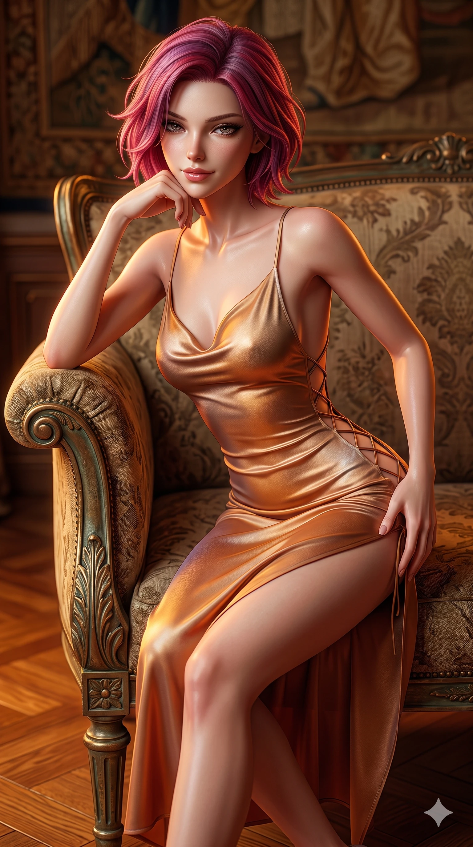 score_9, masterpiece, best quality, ultra-detailed, high-budget anime keyframe, semi-realistic 3D game render, editorial fashion photography, tasteful artistic composition, Caucasian woman. close-up cowboy shot from the waist and thighs up, the character dominates the composition, filling the frame with her large presence. tilting her head with a teasing half-smile, running one hand slowly down the side of her hip in a flirtatious S-curve as ambient light caresses her silhouette while resting one elbow on the carved settee armrest and supporting her chin, leaning close to the camera with heavy-lidded smoldering bedroom-eyes. The surrounding environment is rendered in vivid detail and crisp panoramic clarity: sharp damask fabric weave texture, aged bronze patina on settee legs, and fine tapestry thread details in deep focus. She has an exceptionally elegant, slender, and willowy female figure with an ultra-slim waist, flat toned midriff, narrow ribcage, and sculpted feminine hips creating an alluring, slim hourglass silhouette without bulk. sharp v-shaped jawline, high-bridge nose, intricate jewel-like sparkling eyes with depth, thick eyelashes, glossy parted lips with a natural sheen, intensely captivating and seductive bedroom-eyes expression, exuding both youthful cute charm and sovereign luxury allure, flawlessly proportioned anatomical accuracy, strict slender model proportions, natural body alignment, perfectly sculpted long slender limbs, ultra-slim waistline, clean dynamic posture without body distortion. wearing a form-contouring gossamer silk chiffon slip dress with a hip-high slit and open cowl back clinging with dewy moisture in cosmic eclipse amber and starlight diamond, tailored from smooth liquid silk satin that clings smoothly to her narrow waist and rounded hips with a dewy sheen, featuring fine criss-cross lace-up side ties revealing tantalizing glimpses of her hip curve, the liquid-tight tailored fabric clinging flawlessly to her narrow waist and rounded feminine hips, emphasizing every millimeter of her sculpted slim hourglass curves without any bulky heaviness. illuminated by polished parquet bounce and sharp bronze-amber rim lights sculpting her razor-sharp jawline, narrow waist, and curvy hips. highly saturated vibrant anime colors, detailed shading with soft gradients, rich glossy textures, high-contrast stereoscopic depth, volumetric dynamic lighting, master piece, 9:16 ratio