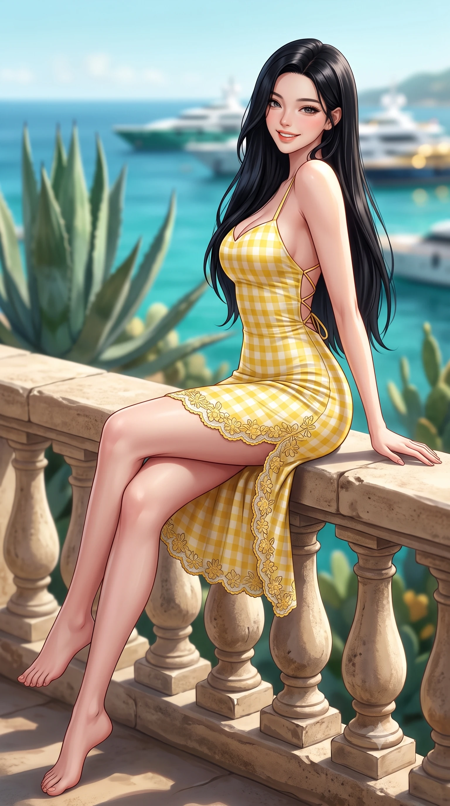 score_9, masterpiece, best quality, ultra-detailed, high-budget anime keyframe, semi-realistic 3D game render, editorial fashion photography, tasteful artistic composition, Korean woman. low angle full-body shot from head to toe showing her feet, filling the entire 9:16 vertical frame with her statuesque presence, stretching her vertical silhouette. sitting perched on the elevated edge with legs crossed and hips angled toward the camera, displaying her toned midriff and long slender limbs with a joyful, coquettish smile while leaning back against the rustic limestone terrace railing with hips cocked back, looking over her shoulder with an alluring, luxurious bedroom-gaze. The composition keeps background elements in soft focus with dreamy creamy bokeh. towering sculptural succulents, turquoise Mediterranean sea, and Monte-Carlo luxury superyachts blurred into jade, azure, and golden bokeh. She has an exceptionally tall and slender model-like 8.5-heads proportion, an ultra-slim waist, a flat toned midriff, narrow delicate ribcage, and beautifully sculpted feminine hips creating a graceful, slim hourglass silhouette without any bulky heaviness, with impossibly long slender legs. sharp v-shaped jawline, high-bridge nose, intricate jewel-like sparkling eyes with depth, thick eyelashes, glossy parted lips with a natural peach sheen, bright cheerful beaming smile with an enchanting and coquettish sensual glint, exuding both youthful cute charm and seductive allure, flawlessly proportioned anatomical accuracy, strict slender model proportions, natural body alignment, perfectly sculpted long slender limbs, ultra-slim waistline, clean dynamic posture without body distortion. wearing a backless lace-up gingham sundress with a form-fitting bodice and hip-defining silhouette in bright butter yellow and fresh cream white, made of smooth fluid silk satin with a delicate pearlescent sheen, complemented by delicate embroidered floral trim along the hem, the glove-like silhouette tightly following the natural contour of her hips and long slender legs with youthful 8.5-heads elegance. illuminated by radiant turquoise sea bounce fill sharply carving her razor-sharp jawline, narrow waist, and curvy hips. highly saturated vibrant anime colors, detailed shading with soft gradients, rich glossy textures, high-contrast stereoscopic depth, volumetric dynamic lighting, master piece, 9:16 ratio