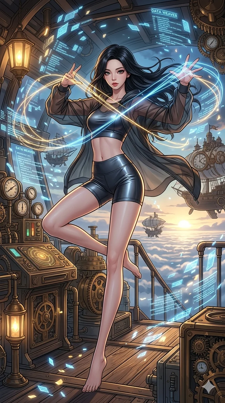 score_9, masterpiece, best quality, ultra-detailed, high-budget anime movie keyframe, cinematic anime lighting, intricate line art, Japanese woman. Dynamic full-body shot stretching the vertical silhouette across the 9:16 frame. weaving threads of light in a steampunk airship deck surrounded by floating data-shards. She has an absolutely perfect 8-heads proportion, an exceptionally tall and slender female figure with an ultra-slim waist and impossibly long slender legs. sharp v-shaped jawline, high-bridge nose, intricate jewel-like eyes, thick eyelashes, glossy lips. Wearing premium athleisure set with a metallic-finish compression top, high-cut yoga shorts that accentuate her long legs, and a sheer oversized hoodie. The scene is illuminated by dramatic atmospheric lighting and vibrant color palettes. , 2k, ultra detail, master piece, 9:16 ratio