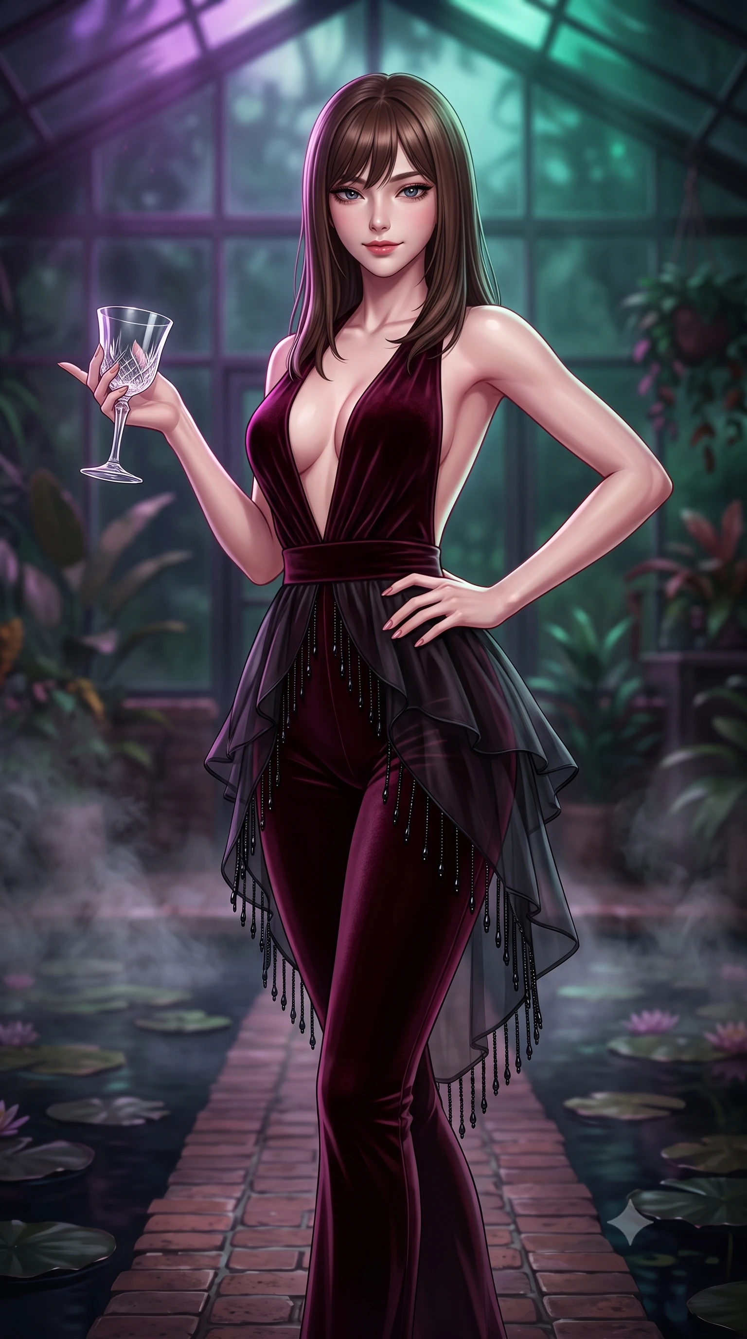 score_9, masterpiece, best quality, ultra-detailed, high-budget anime keyframe, semi-realistic 3D game render, editorial fashion photography, tasteful artistic composition, Korean woman. close-up cowboy shot from the waist and thighs up, the character dominates the composition, filling the frame with her large presence. twisting her slender torso in an alluring contrapposto stance, one hand resting on her sculpted hip while holding a crystal glass with effortless poise while walking slowly down the glasshouse brick path with sovereign supermodel grace, her long slender legs and hourglass curves commanding the frame. The composition keeps background elements in soft focus with dreamy creamy bokeh. steaming water mist vapors and dark floating lily pads softened in exotic greenhouse shallow focus. She has an exceptionally elegant, slender, and willowy female figure with an ultra-slim waist, flat toned midriff, narrow ribcage, and sculpted feminine hips creating an alluring, slim hourglass silhouette without bulk. sharp v-shaped jawline, high-bridge nose, intricate jewel-like dark sparkling eyes with dangerous depth, thick curled eyelashes, glossy parted lips with a rich wine sheen, smoldering seductive half-smile with bedroom-eyes, exuding effortless superiority and intoxicating dark allure, flawlessly proportioned anatomical accuracy, strict slender model proportions, natural body alignment, perfectly sculpted long slender limbs, ultra-slim waistline, clean dynamic posture without body distortion. wearing a second-skin dark burgundy stretch-velvet jumpsuit with a plunging neckline and open back in ruby crimson and muted shadow black, crafted from layered gossamer black organza with weightless, smoky flutter, accented with fine jet-black beaded tassels that sway with each movement, the form-contouring cut accentuating her sculpted flat midriff, narrow delicate ribcage, and gracefully curvy hips with sovereign high-fashion precision. bathed in moody ultraviolet and deep emerald ambient backlights filtering through soaring glass panes. highly saturated vibrant anime colors, detailed shading with soft gradients, rich glossy textures, high-contrast stereoscopic depth, volumetric dynamic lighting, master piece, 9:16 ratio
