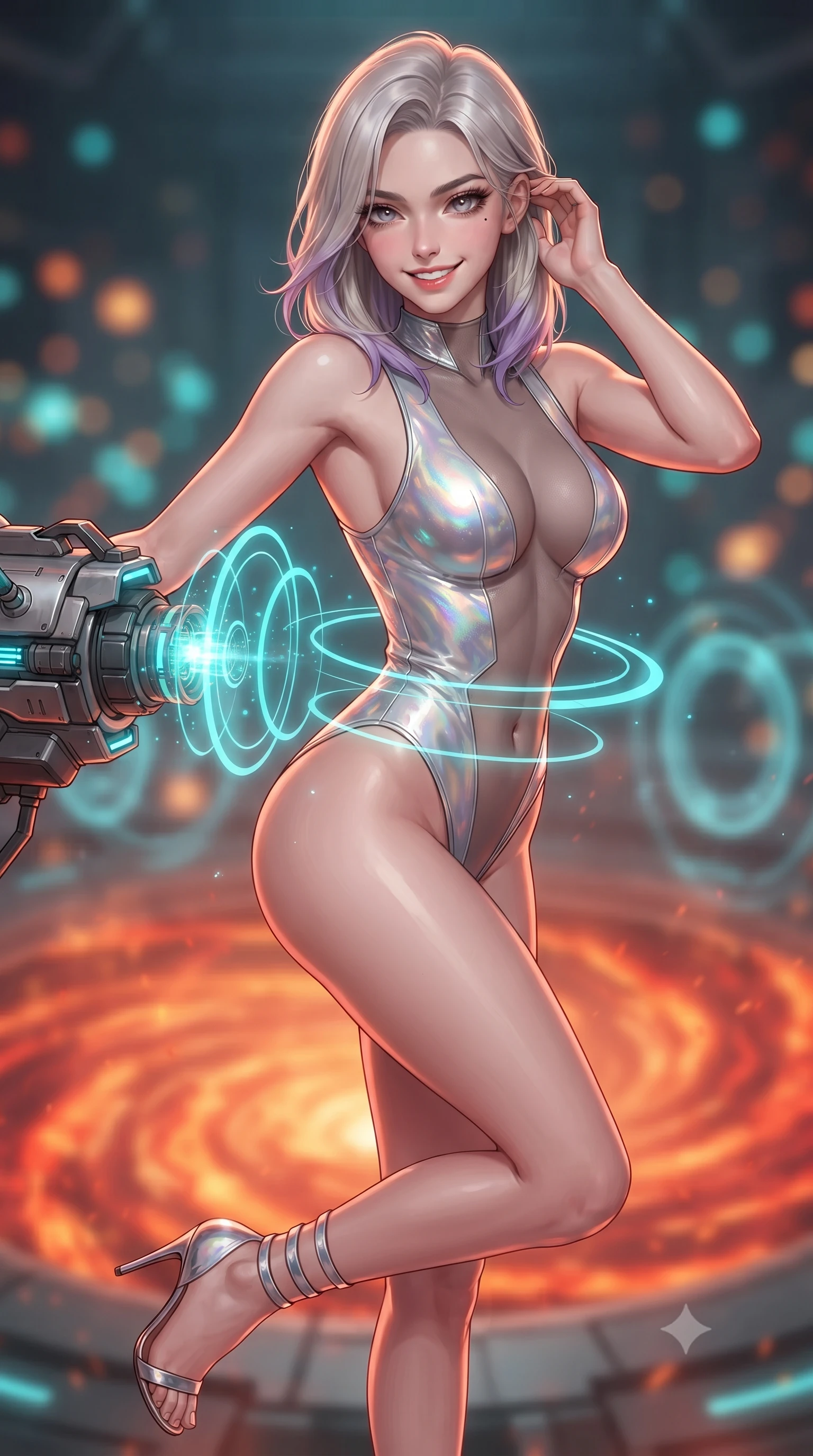 score_9, masterpiece, best quality, ultra-detailed, high-budget anime keyframe, editorial fashion photography, tasteful artistic composition, Caucasian woman. close-up cowboy shot from the waist and thighs up, the character dominates the composition, filling the frame with her large presence. gently brushing a lock of hair behind her ear while casting a playful, flirtatious side-gaze with long eyelashes while twisting her slender torso in an alluring contrapposto stance beside the primary laser emitter, pulsing cyan energy rings highlighting her narrow waist and curvy hips. The background shows a soft-focus swirling orange-red magma vortex below, shimmering circular cyan magnetic containment rings, and laser ionization haze blurred into tangerine, gold, and turquoise bokeh. She has an exceptionally elegant, slender, and willowy female figure with an ultra-slim waist, flat toned midriff, narrow ribcage, and sculpted feminine hips creating an alluring, slim hourglass silhouette without bulk. sharp v-shaped jawline, high-bridge nose, intricate jewel-like sparkling eyes with depth, thick eyelashes, glossy parted lips with a natural peach sheen, bright cheerful beaming smile with an enchanting and coquettish sensual glint, exuding both youthful cute charm and seductive allure, flawlessly proportioned anatomical accuracy, strict slender model proportions, natural body alignment, perfectly sculpted long slender limbs, ultra-slim waistline, clean dynamic posture without body distortion. wearing a provocative sheer-illusion tactical combat bodysuit with strategic metallic foil flocking and high-cut leg openings in iridescent mother-of-pearl and liquid molten silver, tailored from high-gloss patent leather with mirror-like specular highlights, complemented by strappy stiletto sandals with metallic ankle wraps accentuating her slender calves, the glove-like clinging cut tightly following the natural contour of her hips and long slender legs with youthful 8.5-heads elegance. illuminated by glass floor reflection bounce and sharp magma-amber rim lights sculpting her jawline, narrow waist, and curvy hips. ultra-reflective glossy finish, specular highlights, rich textural contrasts, high-contrast stereoscopic depth, volumetric dynamic lighting, 2k, ultra detail, master piece, 9:16 ratio
