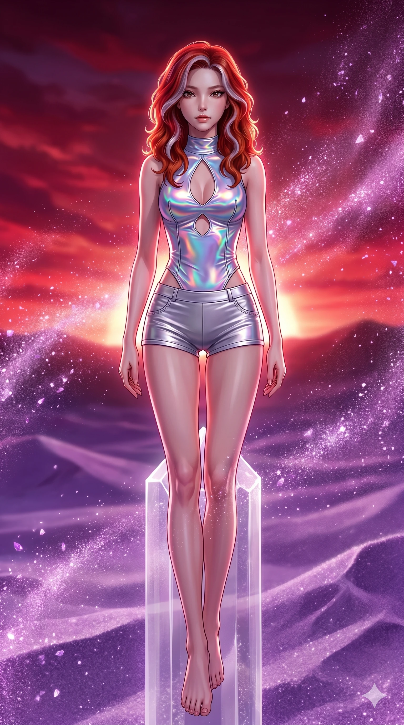 score_9, masterpiece, best quality, ultra-detailed, high-budget anime keyframe, Korean woman. low angle full-body shot filling the entire 9:16 frame with her statuesque presence, stretching the vertical silhouette. standing atop a transparent salt crystal tower in a purple crystalline desert as winds blow shimmering purple dust under a crimson sunset. She has an absolutely perfect 8-heads proportion, an exceptionally tall and slender female figure with impossibly long slender legs and an ultra-slim waist. V-shaped jawline, high-bridge nose, intricate jewel-like eyes with depth, thick eyelashes, glossy lips with a natural sheen.. wearing a holographic liquid silk vest and silver metallic micro-shorts, featuring a keyhole cutout and form-fitting silhouette. illuminated by dramatic chiaroscuro casting soft shadows along her curves, with vibrant backlighting highlighting the dust particles. 2k, ultra detail, master piece, 9:16 ratio