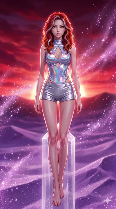 score_9, masterpiece, best quality, ultra-detailed, high-budget anime keyframe, Korean woman. low angle full-body shot filling the entire 9:16 frame with her statuesque presence, stretching the vertical silhouette. standing atop a transparent salt cr