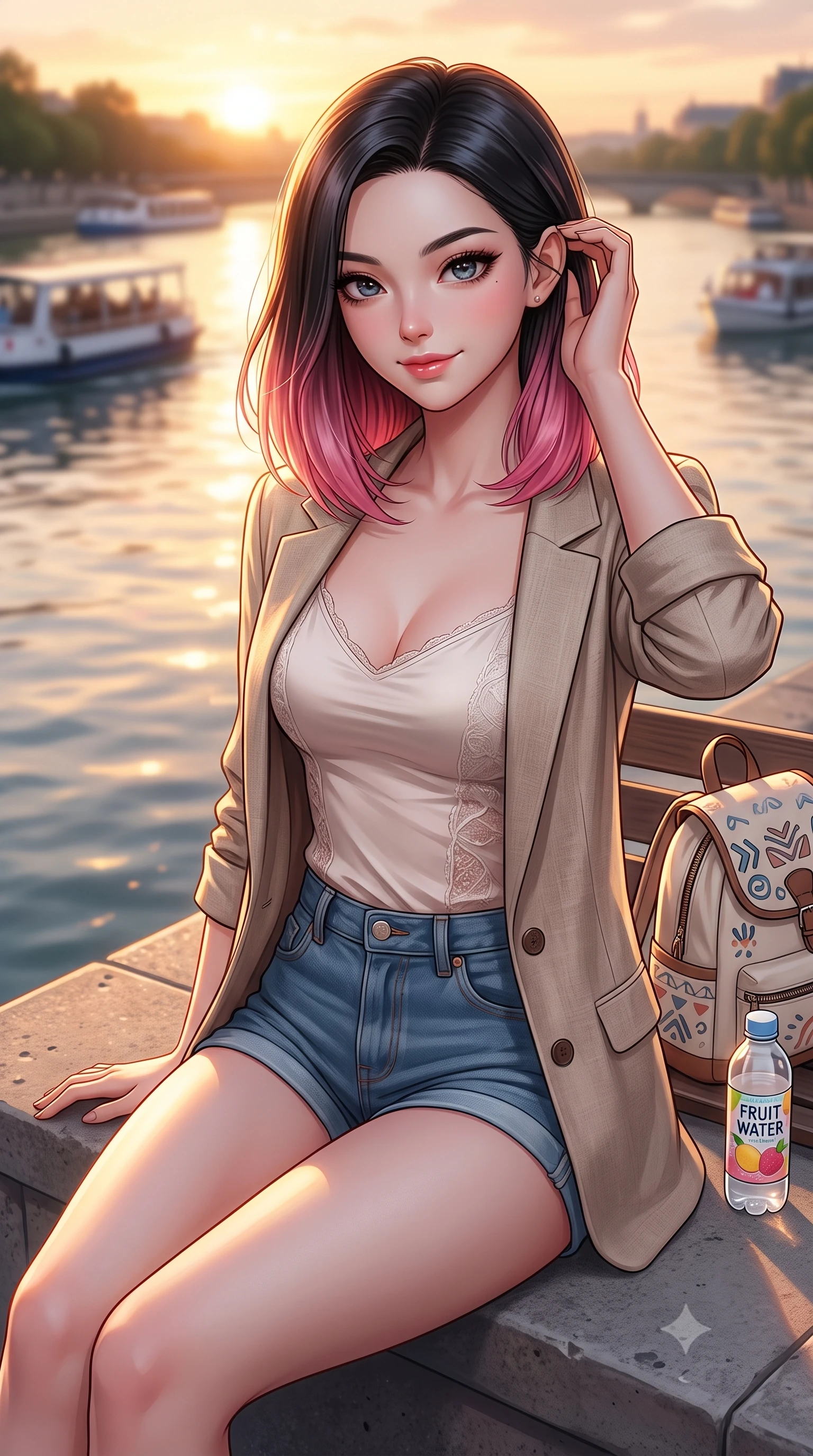 score_9, masterpiece, best quality, ultra-detailed, high-budget anime keyframe, editorial fashion photography, tasteful artistic composition, Korean woman. close-up cowboy shot from the waist and thighs up, the character dominates the composition, filling the frame with her large presence, background elements kept in soft focus. smiling cutely while gently brushing a strand of hair behind her ear set against a soft-focus background of on a concrete river embankment overlooking passing leisure boats with a cute canvas backpack and a bottle of fruit water on the bench. She has an exceptionally elegant, slender, and willowy female figure with an ultra-slim waist, a gracefully sculpted slender torso, and a refined silhouette. sharp v-shaped jawline, high-bridge nose, intricate jewel-like eyes with depth, thick eyelashes, glossy lips with a natural sheen. wearing form-contouring delicate silk camisole with lace panels and a tailored blazer worn open over form-contouring shorts. warm golden hour sunset light reflecting off the calm river surface. highly saturated vibrant anime colors, detailed shading with soft gradients, rich glossy textures, high-contrast stereoscopic depth, volumetric dynamic lighting, master piece, 9:16 ratio