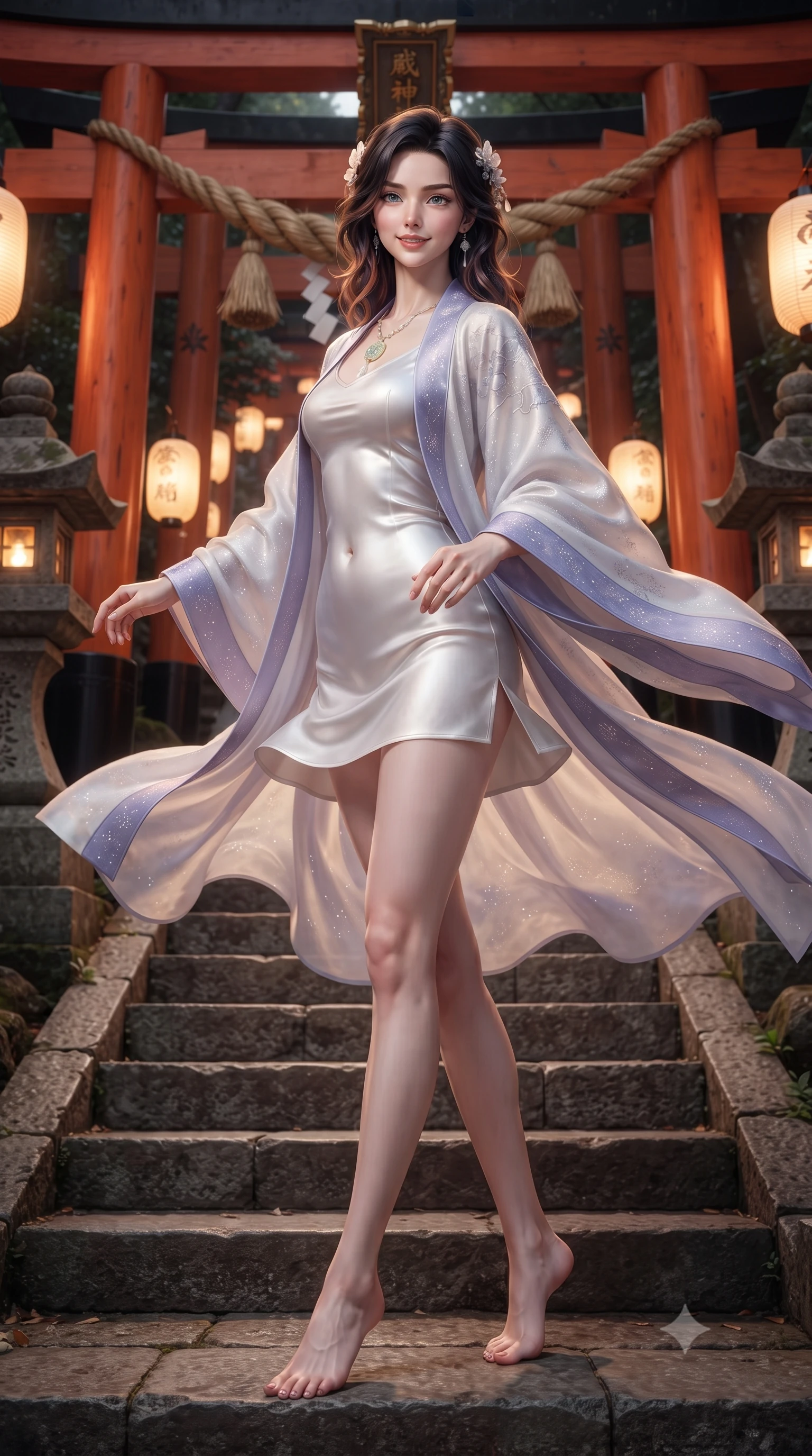 score_9, masterpiece, best quality, ultra-detailed, high-budget anime keyframe, editorial fashion photography, tasteful artistic composition, Korean woman. low angle full-body shot from head to toe showing her feet, filling the entire 9:16 vertical frame with her statuesque presence, stretching her vertical silhouette. executing an elegant mid-motion spin with effortless grace, her garments fluttering softly around her ultra-slim waistline while resting on ancient stone shrine steps surrounded by glowing paper lanterns with a serene, enchanting smile. The surrounding environment is rendered in vivid detail and crisp panoramic clarity. intricate vermilion torii wood grain, braided straw shimenawa textures, and stone lantern carvings in deep focus. She has an absolutely perfect, statuesque 8.5-heads proportion, an exceptionally tall and slender model-like female figure with impossibly long slender legs, a toned flat midriff, and an ultra-slim waist. sharp v-shaped jawline, high-bridge nose, intricate jewel-like eyes with depth, thick eyelashes, glossy lips with a natural sheen, captivating and magnetic expression, flawlessly proportioned anatomical accuracy, strict slender model proportions, natural body alignment, perfectly sculpted long slender limbs, ultra-slim waistline, clean dynamic posture without body distortion. wearing an ethereal moon-goddess gossamer robe worn over a form-contouring pearlescent silk slip in celestial opal white and stardust violet, woven from fine mulberry silk with metallic thread embroidery, accented with mother-of-pearl hair ornaments and a carved jade pendant, the form-contouring material adhering flawlessly to her sculpted flat midriff and slender torso, emphasizing her long leg lines and perfectly proportioned willowy build. illuminated by crisp directional rim lighting accentuating her slender curves, bare spine, and flowing robes. ultra-reflective glossy finish, specular highlights, rich textural contrasts, high-contrast stereoscopic depth, volumetric dynamic lighting, 2k, ultra detail, master piece, 9:16 ratio