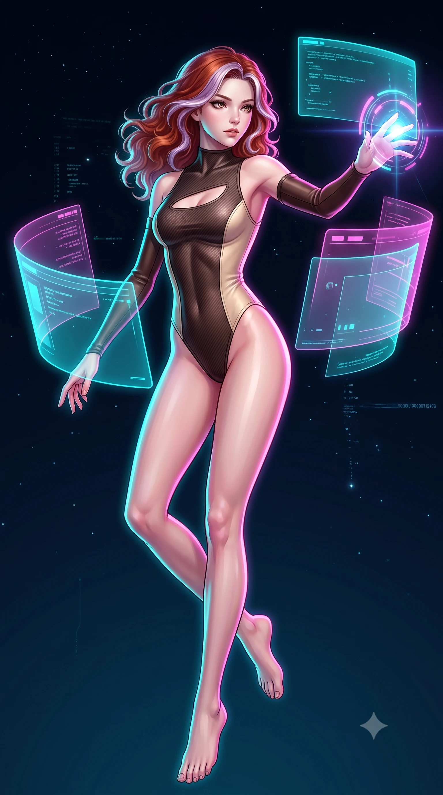 score_9, masterpiece, best quality, ultra-detailed, high-budget anime keyframe, editorial fashion photography, tasteful artistic composition, Caucasian woman. low angle full-body shot from head to toe showing her feet, filling the entire 9:16 vertical frame with her statuesque presence, stretching her vertical silhouette. pivoting dynamically in zero-gravity with fluid body alignment, displaying her perfect model proportions while reaching forward with an elegant arm stretch to intercept a pulsating data node, translucent cyan and magenta holographic panels hovering dynamically around her. She has an absolutely perfect, statuesque 8.5-heads proportion, an exceptionally tall and slender model-like female figure with impossibly long slender legs and an ultra-slim waist. sharp v-shaped jawline, high-bridge nose, intricate jewel-like eyes with depth, thick eyelashes, glossy lips with a natural sheen, flawlessly proportioned anatomical accuracy, natural body alignment, perfectly sculpted elegant limbs, clean dynamic posture without body distortion. wearing an asymmetrical high-cut tech-bodysuit with detached sleeves in espresso brown and warm cream, made of fine carbon-fiber weave and soft matte leather, accented with a Tasteful chest slit framing her clavicle gracefully, the elegant draped fit framing her graceful clavicle and slender torso. bathed in brilliant neon cyan and magenta rim light with clean white key light. highly saturated vibrant anime colors, detailed shading with soft gradients, rich glossy textures, high-contrast stereoscopic depth, volumetric dynamic lighting, master piece, 9:16 ratio