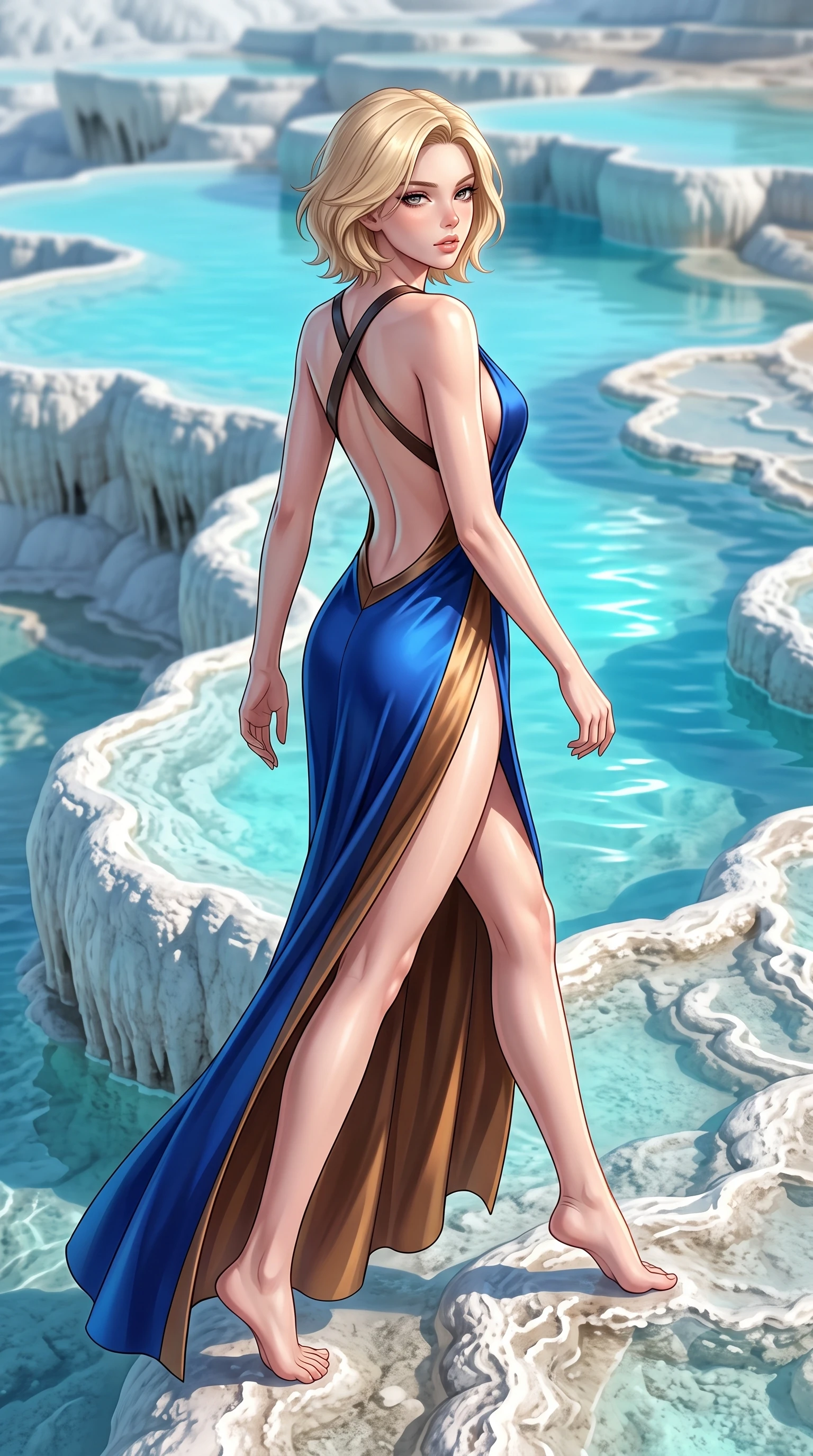 score_9, masterpiece, best quality, ultra-detailed, high-budget anime keyframe, semi-realistic 3D game render, editorial fashion photography, tasteful artistic composition, Caucasian woman. low angle full-body shot from head to toe showing her feet, filling the entire 9:16 vertical frame with her statuesque presence, stretching her vertical silhouette. striding forward in a proud supermodel runway stride, hips swaying in an alluring kinetic rhythm that accentuates her curvy hourglass silhouette while sitting on the smooth calcified white mineral rim with legs crossed, looking over her bare shoulder with sun-dazed, seductive bedroom-eyes. The surrounding environment is rendered in vivid detail and crisp panoramic clarity. sharp calcium travertine ripple textures, mineral water surface tension, and terraced cliff contours in deep focus. She has an exceptionally tall and slender model-like 8.5-heads proportion, an ultra-slim waist, a flat toned midriff, narrow delicate ribcage, and beautifully sculpted feminine hips creating a graceful, slim hourglass silhouette without any bulky heaviness, with impossibly long slender legs. sharp v-shaped jawline, high-bridge nose, intricate jewel-like eyes with depth, thick eyelashes, glossy parted lips with a natural sheen, intensely captivating and seductive bedroom-eyes expression, flawlessly proportioned anatomical accuracy, strict slender model proportions, natural body alignment, perfectly sculpted long slender limbs, ultra-slim waistline, clean dynamic posture without body distortion. wearing a plunging-V neckline duchess satin gown with high side slits ascending to the high hip in royal sapphire blue and liquid bronze, tailored from liquid silk jersey adhering flawlessly to her slender build, featuring an open-back criss-cross harness strap in dark leather, the dramatically scooped open back descending to the base of her spine, accentuating her razor-sharp statuesque lines and slim hourglass silhouette. illuminated by luminous turquoise water reflections sharply carving her razor-sharp jawline, narrow waist, and curvy hips. highly saturated vibrant anime colors, detailed shading with soft gradients, rich glossy textures, high-contrast stereoscopic depth, volumetric dynamic lighting, master piece, 9:16 ratio