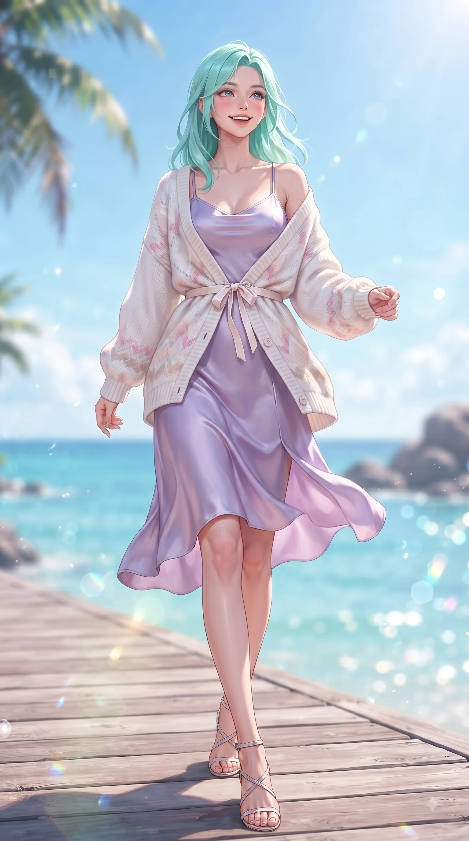 score_9, masterpiece, best quality, ultra-detailed, high-budget anime keyframe, editorial fashion photography, tasteful artistic composition, Japanese woman. low angle full-body shot from head to toe showing her feet, filling the entire 9:16 vertical frame with her statuesque presence, stretching her vertical silhouette. stepping forward gracefully in mid-motion with a delighted cute expression, displaying her statuesque model proportions while walking cheerfully along a coastal wooden boardwalk overlooking a turquoise ocean under a bright blue sky. The composition keeps background elements in soft focus with dreamy bokeh. warm beach sunlight refracting off water droplets blurred into a soft pastel backdrop. She has an absolutely perfect, statuesque 8.5-heads proportion, an exceptionally tall and slender model-like female figure with impossibly long slender legs and an ultra-slim waist. sharp v-shaped jawline, high-bridge nose, intricate jewel-like eyes with depth, thick eyelashes, glossy lips with a natural sheen, flawlessly proportioned anatomical accuracy, natural body alignment, perfectly sculpted elegant limbs, clean dynamic posture without body distortion. wearing a graceful lavender satin slip dress layered under a loose soft white knit cardigan in cherry blossom pink and soft beige, knitted from soft cozy cashmere yarn, accented with a dainty waist ribbon bow, the soft airy drape swaying gracefully with her dynamic movements. bathed in brilliant tropical sunshine and glittering ocean water refractions. ultra-reflective glossy finish, specular highlights, metallic sheen, high-contrast stereoscopic depth, volumetric dynamic lighting, 2k, ultra detail, master piece, 9:16 ratio