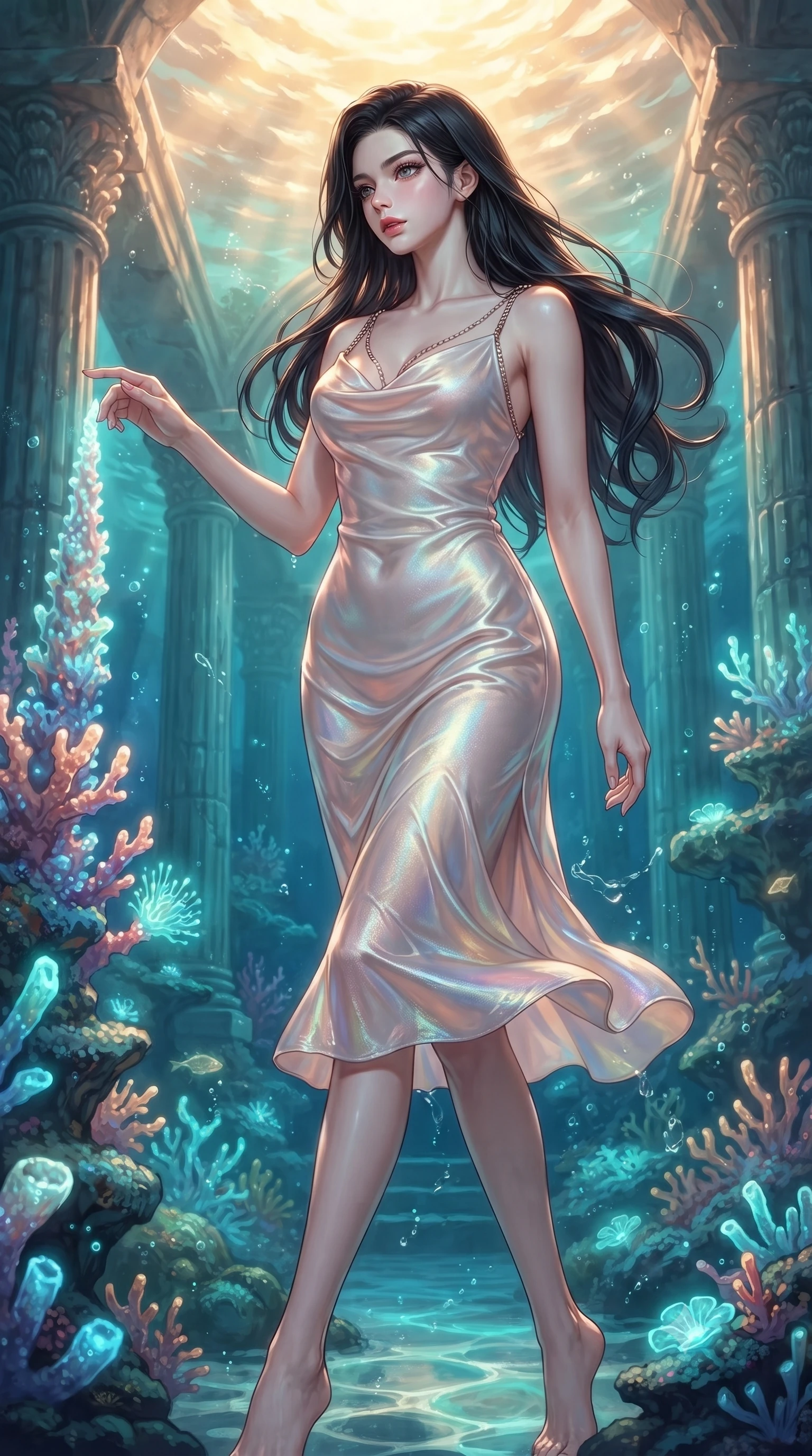 score_9, masterpiece, best quality, ultra-detailed, high-budget anime keyframe, editorial fashion photography, tasteful artistic composition, Korean woman. low angle full-body shot from head to toe showing her feet, filling the entire 9:16 vertical frame with her statuesque presence, stretching her vertical silhouette. forging dynamically through the scene, her vertical silhouette beautifully stretched touching a bioluminescent coral spire in a sun-drenched underwater cathedral, gentle ocean currents swaying her attire in fluid underwater motions. She has an absolutely perfect, statuesque 8.5-heads proportion, an exceptionally tall and slender model-like female figure with impossibly long slender legs and an ultra-slim waist. sharp v-shaped jawline, high-bridge nose, intricate jewel-like eyes with depth, thick eyelashes, glossy lips with a natural sheen. wearing an elegant cowl-neck satin midi dress with a draped neckline in pearl white and rose gold, crafted from iridescent chiffon that shifts colors in the light, adorned with delicate metallic chain straps along the neckline, the sleek second-skin texture accentuating her magnetic presence. illuminated by luminous aqua bioluminescence and warm golden top lighting. highly saturated vibrant anime colors, detailed shading with soft gradients, rich glossy textures, high-contrast stereoscopic depth, volumetric dynamic lighting, master piece, 9:16 ratio