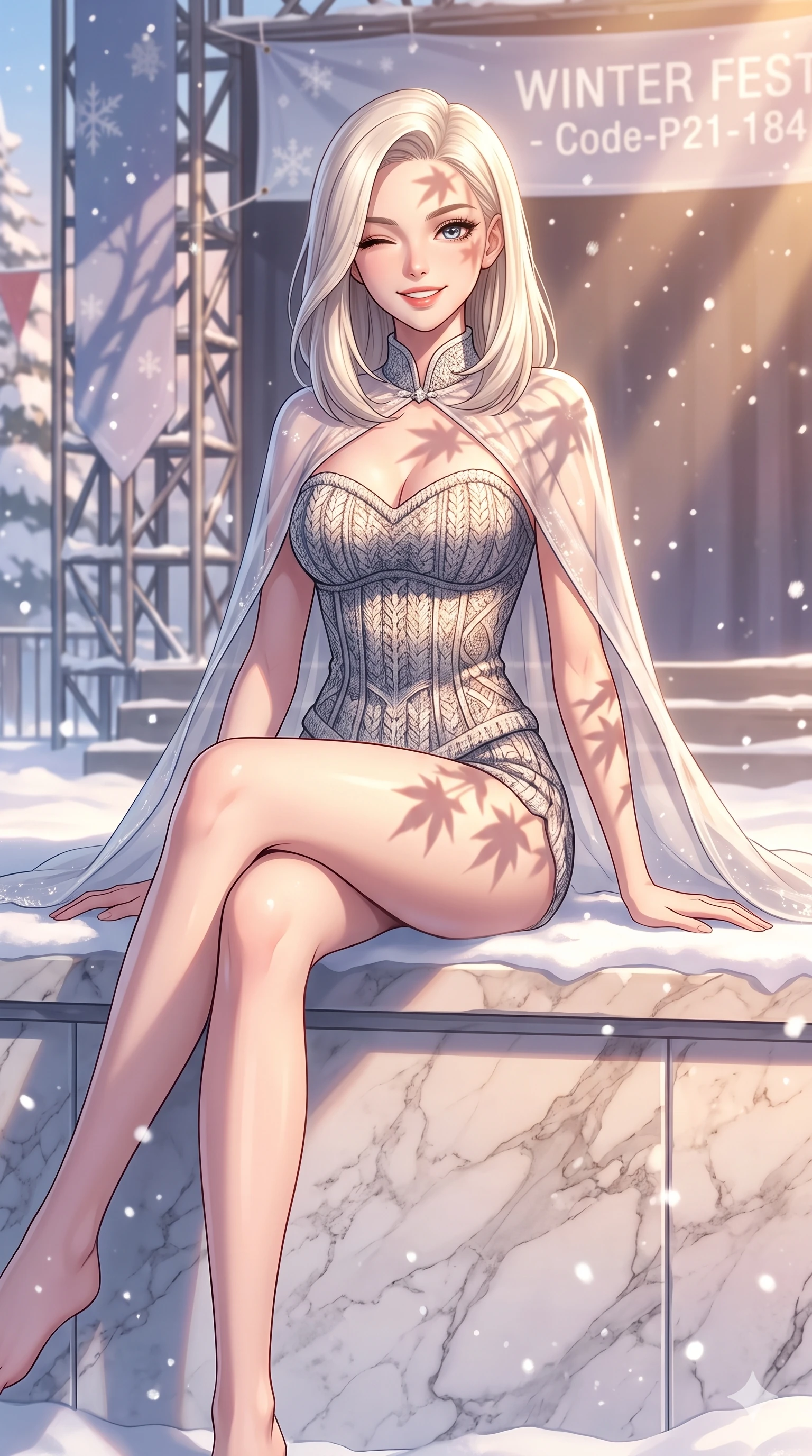 score_9, masterpiece, best quality, ultra-detailed, high-budget anime keyframe, vibrant anime aesthetic, Caucasian woman, strictly human ears. cowboy shot from the thighs up, character and outfit filling the frame for maximum presence. She is sitting on a marble ledge, winking and smiling cheerfully at the viewer in snow by an outdoor festival stage in the winter sun (Code-P21-184). She has an absolutely perfect 8-heads proportion, an exceptionally tall and slender female figure with impossibly long slender legs and an ultra-slim waist. V-shaped jawline, high-bridge nose, intricate jewel-like eyes with depth, thick eyelashes, glossy lips with a natural sheen. wearing a patterned textured knit-inspired structured bodice top paired with translucent cape in winter. She is bathed in soft morning sunbeams casting long maple branch shadows across her form. 2k, ultra detail, master piece, 9:16 ratio