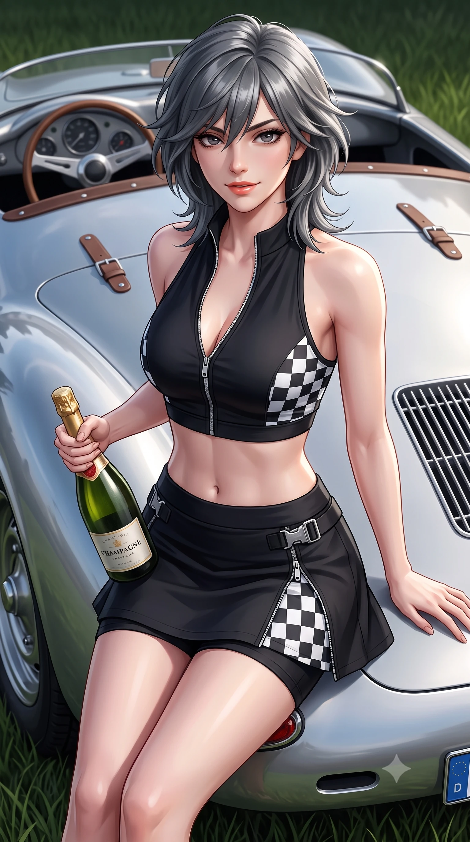 score_9, masterpiece, best quality, ultra-detailed, high-budget anime keyframe, semi-realistic 3D game render, editorial fashion photography, tasteful artistic composition, Caucasian woman. close-up cowboy shot from the waist and thighs up, the character dominates the composition, filling the frame with her large presence. turning slowly with a smoldering smile, her glossy hair tossing in the breeze as her hips angle gracefully in a captivating contrapposto while sitting perched on the speedster's low rear deck with legs crossed, holding a bottle of chilled champagne with vintage Riviera glamour. The surrounding environment is rendered in vivid detail and crisp panoramic clarity: sharp speedster curved aluminum body lines, leather bonnet strap buckles, and lawn grass blade clarity in deep focus. She has an exceptionally elegant, slender, and willowy female figure with an ultra-slim waist, flat toned midriff, narrow ribcage, and sculpted feminine hips creating an alluring, slim hourglass silhouette without bulk. sharp v-shaped jawline, high-bridge nose, sparkling eyes with athletic focus and depth, thick curled eyelashes, glossy parted lips with a natural coral-peach sheen, bright confident and coquettish smile with alluring bedroom-eyes, exuding both youthful sporty vigor and sovereign high-society glamour, flawlessly proportioned anatomical accuracy, strict slender model proportions, natural body alignment, perfectly sculpted long slender limbs, ultra-slim waistline, clean dynamic posture without body distortion. wearing a modern two-piece athletic set featuring a zip-front halter sports crop top and curve-hugging tennis skirt with built-in compression shorts in matte obsidian black and checkered flag white, tailored from crisp cotton poplin with clean aerodynamic structural lines, finished with polished chrome zipper pulls and racing harness buckle hardware, the glove-like aerodynamic silhouette tightly following the natural contour of her hips and long slender legs with youthful 8.5-heads elegance. illuminated by polished car aluminum bounce and sharp platinum rim lights defining her razor-sharp jawline, narrow waist, and curvy hips. highly saturated vibrant anime colors, detailed shading with soft gradients, rich glossy textures, high-contrast stereoscopic depth, volumetric dynamic lighting, master piece, 9:16 ratio