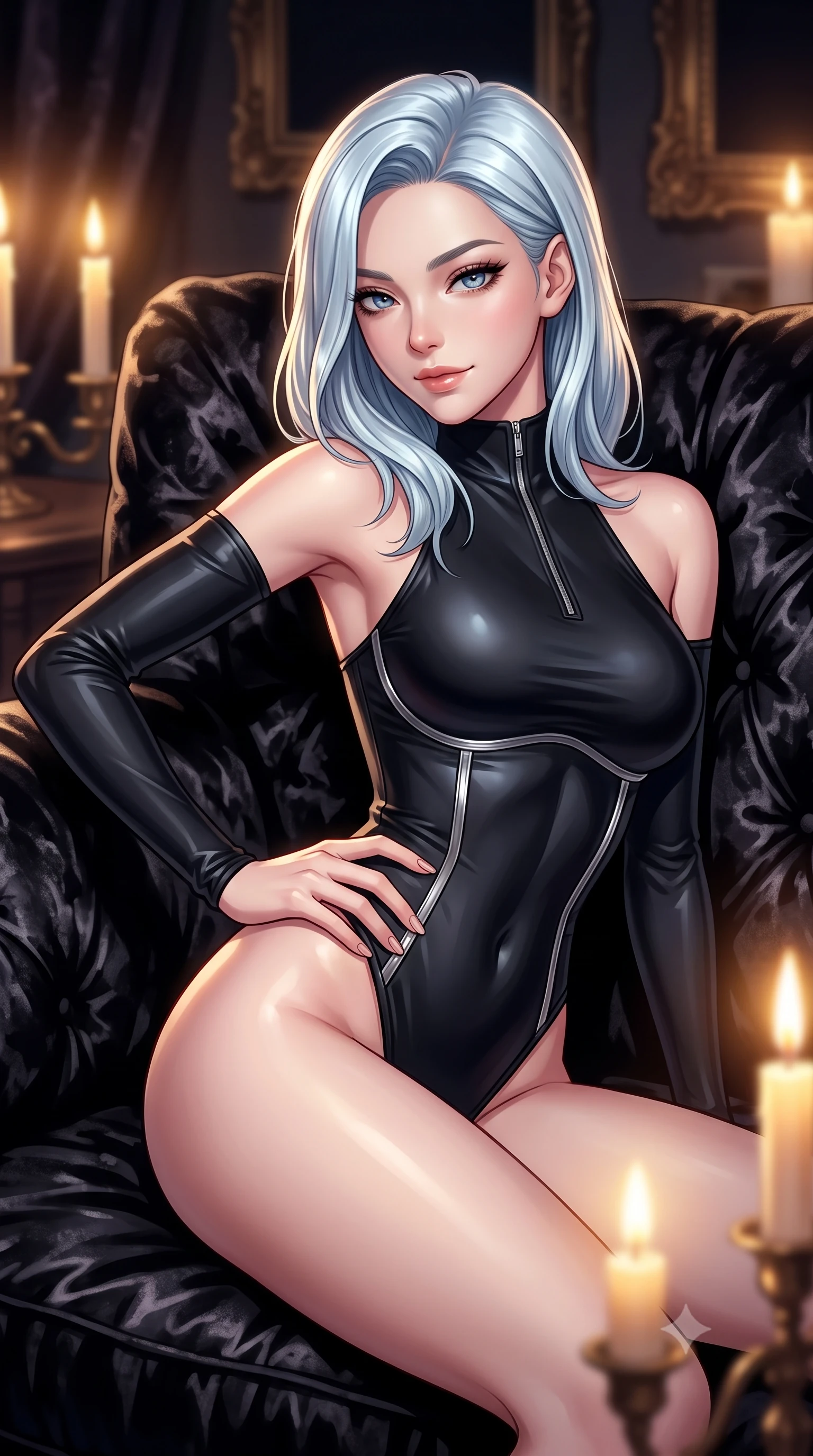 score_9, masterpiece, best quality, ultra-detailed, high-budget anime keyframe, editorial fashion photography, tasteful artistic composition, Korean woman. close-up cowboy shot from the waist and thighs up, the character dominates the composition, filling the frame with her large presence, background elements kept in soft focus. Holding a confident power pose with one hand on her hip, resting on a plush crushed black velvet lounge sofa in a private boudoir, magnetic, smoldering half-smile as she glances sidelong into the camera. She has an exceptionally elegant, slender, and willowy female figure with an ultra-slim waist, a gracefully sculpted slender torso, and a refined silhouette. sharp v-shaped jawline, high-bridge nose, intricate jewel-like eyes with depth, thick eyelashes, glossy lips with a natural sheen. wearing asymmetric high-cut cyber-bodysuit with detached sleeves in onyx black in pitch-black onyx, made of liquid dark mercury jersey, finished with metallic silver boning and sleek zipper points, following her slender form with tailored precision. illuminated by warm golden candle rays and high-contrast dark velvet shadows. highly saturated vibrant anime colors, detailed shading with soft gradients, rich glossy textures, high-contrast stereoscopic depth, volumetric dynamic lighting, master piece, 9:16 ratio