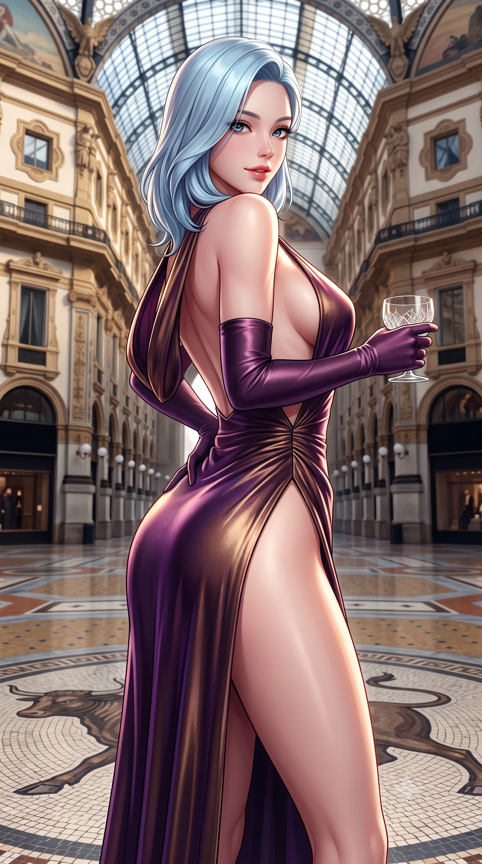 score_9, masterpiece, best quality, ultra-detailed, high-budget anime keyframe, semi-realistic 3D game render, editorial fashion photography, tasteful artistic composition, Korean woman. close-up cowboy shot from the waist and thighs up, the character dominates the composition, filling the frame with her large presence. arching her spine backward with effortless dancer poise, one hand sliding along her hip line as directional light carves specular highlights along her silhouette while pausing at the center of the famous mosaic bull floor with hips cocked back, glancing over a bare shoulder with an audacious, haute-couture smile. The surrounding environment is rendered in vivid detail and crisp panoramic clarity. sharp marble mosaic floor tesserae, iron roof truss rivets, and neoclassical facade moldings in deep focus. She has an exceptionally elegant, slender, and willowy female figure with an ultra-slim waist, flat toned midriff, narrow ribcage, and sculpted feminine hips creating an alluring, slim hourglass silhouette without bulk. sharp v-shaped jawline, high-bridge nose, intricate jewel-like eyes with depth, thick eyelashes, glossy parted lips with a natural sheen, intensely captivating and seductive bedroom-eyes expression, flawlessly proportioned anatomical accuracy, strict slender model proportions, natural body alignment, perfectly sculpted long slender limbs, ultra-slim waistline, clean dynamic posture without body distortion. wearing a plunging-V neckline duchess satin gown with high side slits ascending to the high hip in deep plum violet and antique bronze, crafted from luxurious metallic lamé that shifts radiance with every step, accessorized with opera-length satin gloves and a vintage crystal glass, the glove-like aerodynamic silhouette tightly following the natural contour of her hips and long slender legs with statuesque 8.5-heads elegance. illuminated by polished marble floor specular bounce sharply defining her sculpted collarbones, ultra-slim waist, and curvy hips. highly saturated vibrant anime colors, detailed shading with soft gradients, rich glossy textures, high-contrast stereoscopic depth, volumetric dynamic lighting, master piece, 9:16 ratio