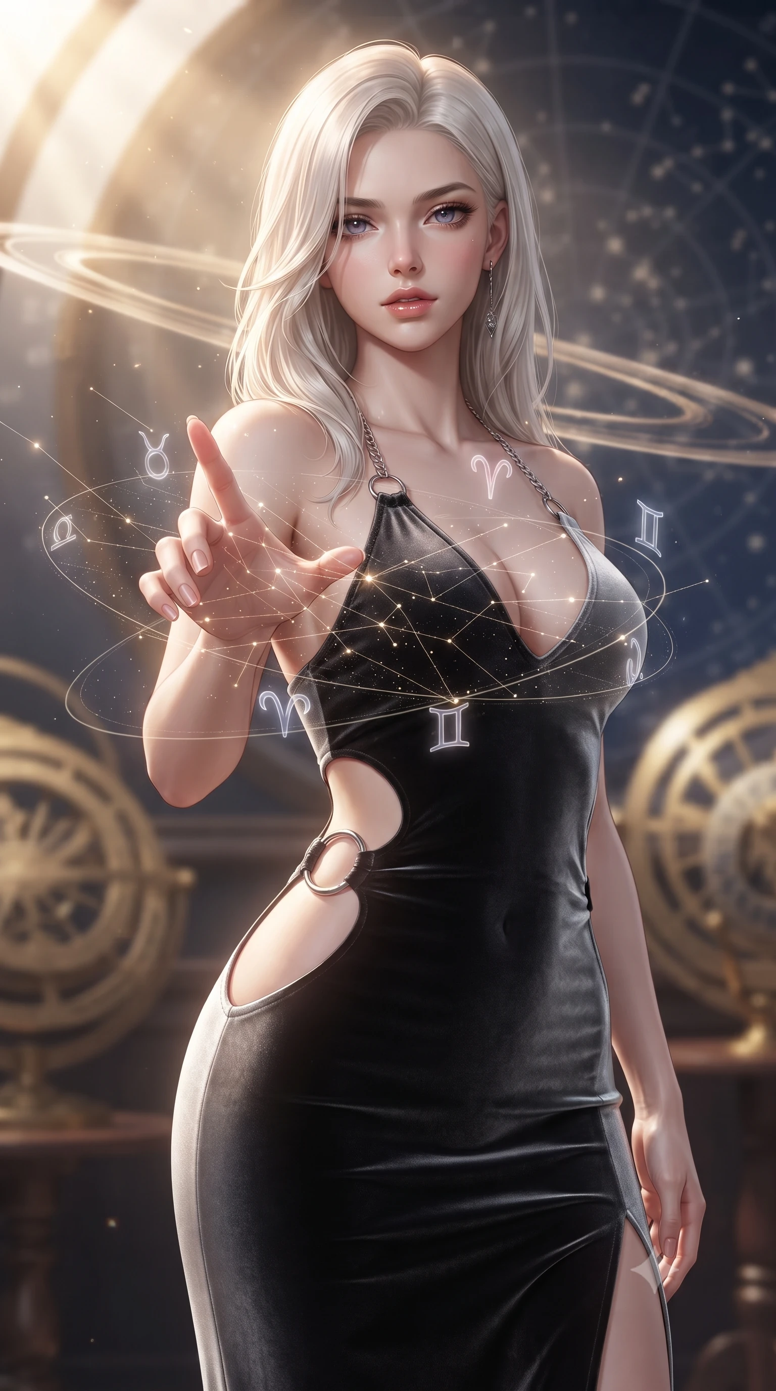score_9, masterpiece, best quality, ultra-detailed, high-budget anime keyframe, editorial fashion photography, tasteful artistic composition, Caucasian woman. close-up cowboy shot from the waist and thighs up, the character dominates the composition, filling the frame with her large presence, background elements kept in soft focus. Reaching one hand gracefully toward the viewer with effortless superiority and allure navigating a constellation map woven from starlight threads, translucent zodiac glyphs orbiting around her delicate hands. She has an exceptionally elegant, slender, and willowy female figure with an ultra-slim waist, a gracefully sculpted slender torso, and a refined silhouette. sharp v-shaped jawline, high-bridge nose, intricate jewel-like eyes with depth, thick eyelashes, glossy lips with a natural sheen. wearing a deep-scoop halter bodycon dress with hip cutouts connected by silver rings in matte black and polished silver, made of premium stretch velvet with a rich sheen, adorned with delicate metallic chain straps along the neckline, the tailored fabric tightly following every curve of her athletic build. bathed in warm sunbursts filtering through floating orbital rings. ultra-reflective glossy finish, specular highlights, metallic sheen, high-contrast stereoscopic depth, volumetric dynamic lighting, 2k, ultra detail, master piece, 9:16 ratio