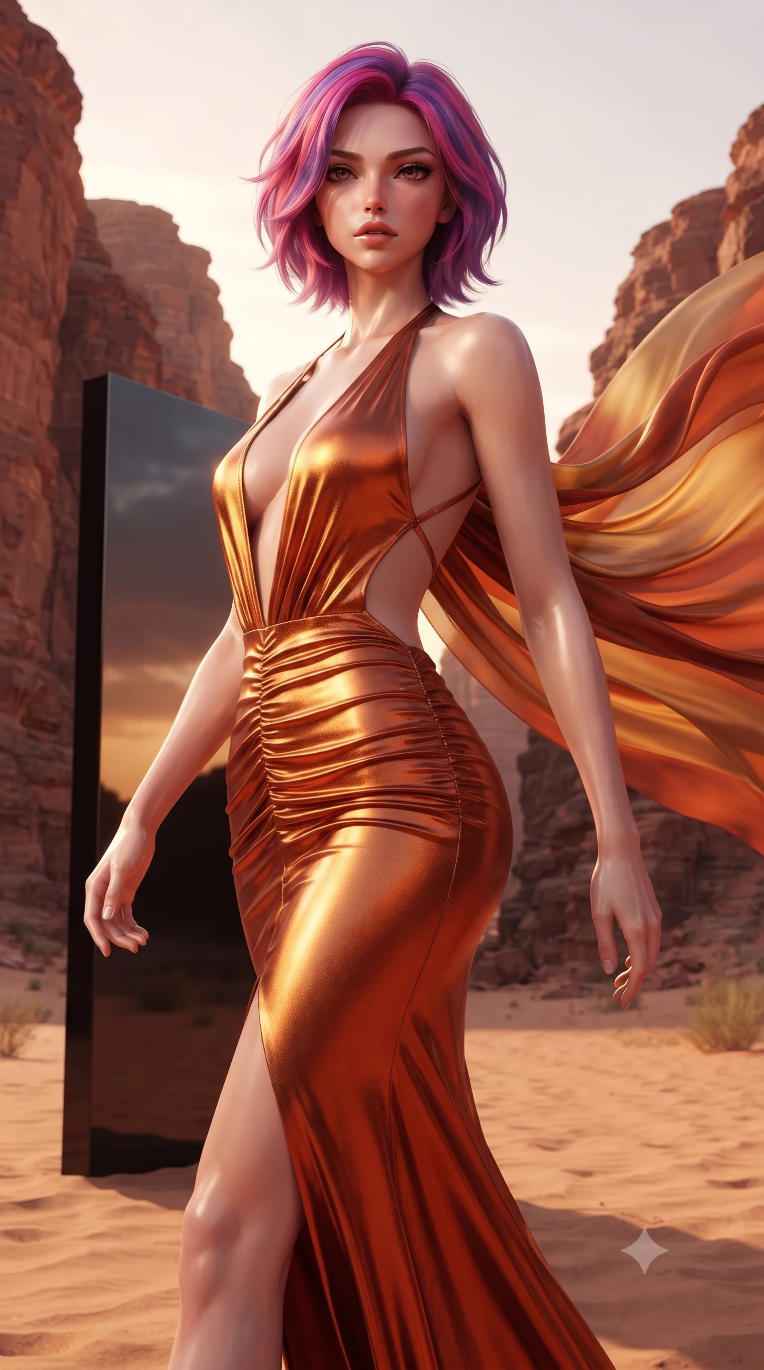 score_9, masterpiece, best quality, ultra-detailed, high-budget anime keyframe, semi-realistic 3D game render, editorial fashion photography, tasteful artistic composition, Caucasian woman. close-up cowboy shot from the waist and thighs up, the character dominates the composition, filling the frame with her large presence. leaning back with relaxed seductive grace, her sculpted collarbones and narrow waist highlighted as she casts smoldering bedroom-eyes directly into the camera while striding across the desert sand path beside the reflective monolith, her sweeping silk chiffon cape billowing against the red canyon walls. The surrounding environment is rendered in vivid detail and crisp panoramic clarity. detailed couture gown drape, sunset specular sheen on skin, and Saudi canyon horizon clarity in high resolution. She has an exceptionally elegant, slender, and willowy female figure with an ultra-slim waist, flat toned midriff, narrow ribcage, and sculpted feminine hips creating an alluring, slim hourglass silhouette without bulk. sharp v-shaped jawline, high-bridge nose, intricate jewel-like eyes with depth, thick eyelashes, glossy parted lips with a natural sheen, intensely captivating and seductive bedroom-eyes expression, flawlessly proportioned anatomical accuracy, strict slender model proportions, natural body alignment, perfectly sculpted long slender limbs, ultra-slim waistline, clean dynamic posture without body distortion. wearing a plunging halter-neck metallic lamé column dress with a dramatic bare spine and hip-defining ruching in molten desert gold and burnt terracotta, tailored from second-skin aerodynamic stretch vinyl with specular wet sheen, finished with criss-cross back satin straps highlighting her graceful shoulder blades, the precision-cut side openings and low-back scoop framing her graceful spine and the sensual sweep of her slim, toned hips. illuminated by mirror-bounce sunset rays sharply defining her sculpted collarbones, ultra-slim waist, and curvy hips. highly saturated vibrant anime colors, detailed shading with soft gradients, rich glossy textures, high-contrast stereoscopic depth, volumetric dynamic lighting, master piece, 9:16 ratio