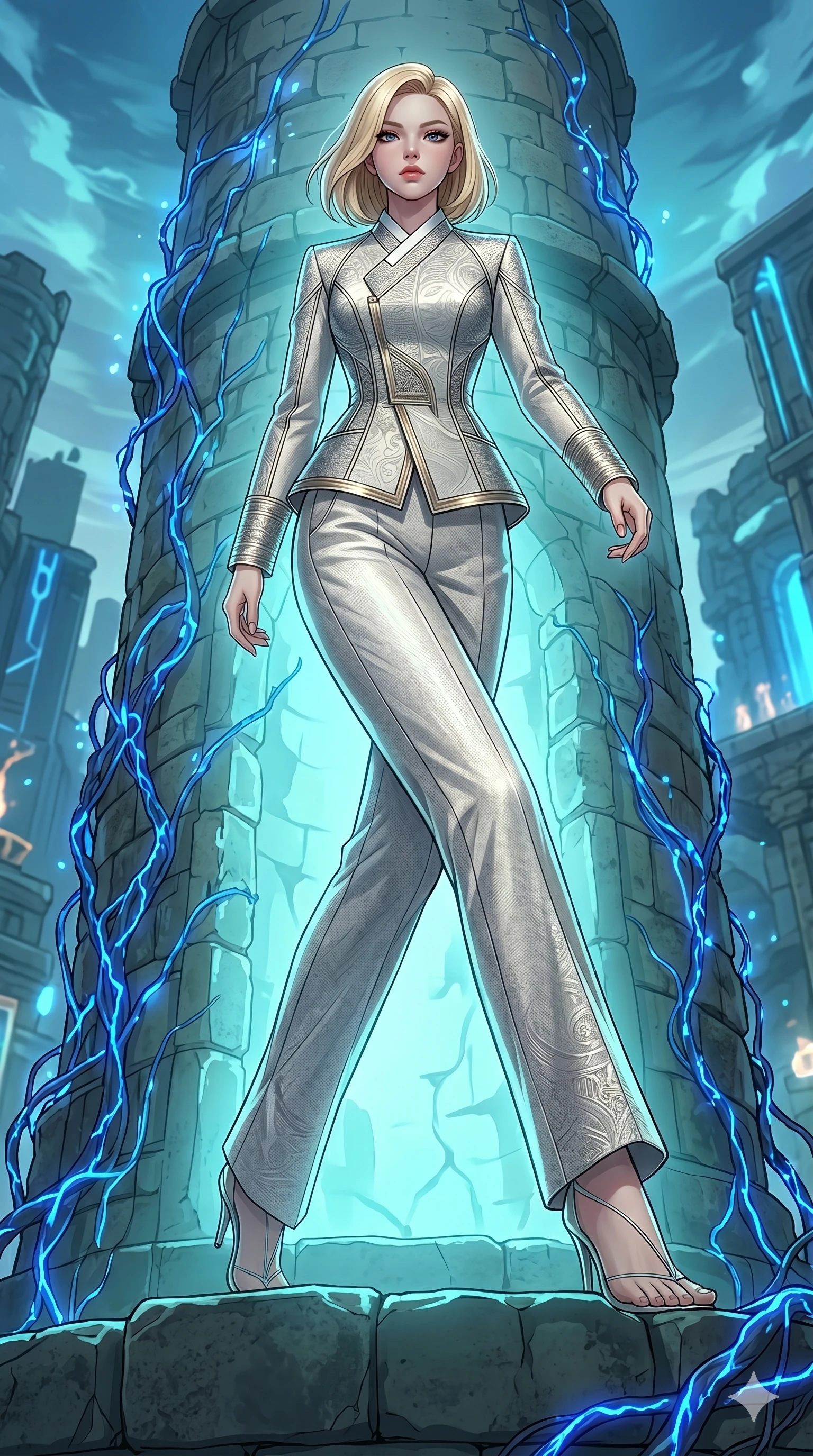score_9, masterpiece, best quality, ultra-detailed, high-budget anime keyframe, editorial fashion photography, tasteful artistic composition, Korean woman. low angle full-body shot from head to toe showing her feet, filling the entire 9:16 vertical frame with her statuesque presence, stretching her vertical silhouette. Striding confidently forward atop an ancient stone tower wrapped in climbing electric vines of cobalt blue energy. She has an absolutely perfect 8-heads proportion, an exceptionally tall and slender female figure with impossibly long slender legs and an ultra-slim waist. V-shaped jawline, high-bridge nose, intricate jewel-like eyes with depth, thick eyelashes, glossy lips with a natural sheen. wearing a structural silk-and-woven-rattan contemporary hanbok-fusion with an architectural fitted jeogori jacket in silver and ivory, wide-leg structured trousers, and metallic fiber trim accents. illuminated by soft bioluminescent aqua light emanating from the environment around her. 2k, ultra detail, master piece, 9:16 ratio