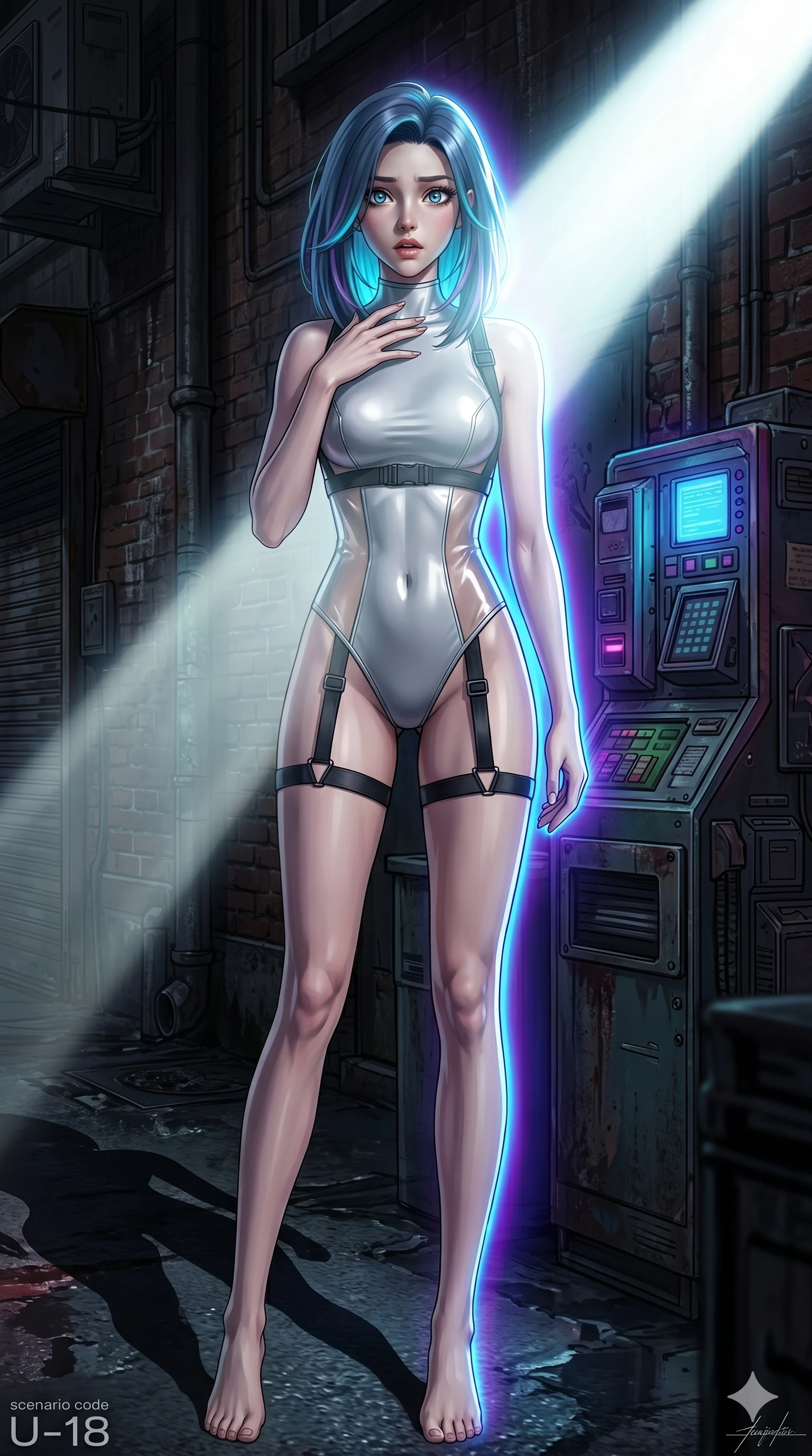 score_9, masterpiece, best quality, ultra-detailed, high-budget anime keyframe, editorial fashion photography, tasteful artistic composition, Caucasian woman, strictly human ears. cowboy shot from the thighs up, character and outfit filling the frame for maximum editorial presence. flinching back slightly, her hand raised to her collarbone in a gesture of sudden alarm on a dark alley street when a bright beam of searchlight suddenly hits her (Scenario Code U-18). She has an absolutely perfect 8-heads proportion, an exceptionally tall and slender female figure with impossibly long slender legs and an ultra-slim waist. V-shaped jawline, high-bridge nose, intricate jewel-like eyes with depth, thick eyelashes, glossy lips with a natural sheen. wearing a high-cut silver fitted unitard with translucent PVC side panels and black utility straps. lit by the intense neon blue glow of a malfunctioning machine, tracing her silhouette. 2k, ultra detail, master piece, 9:16 ratio