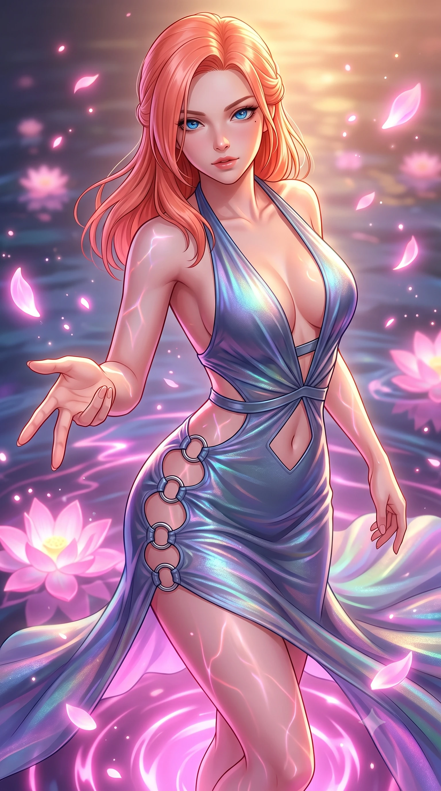 score_9, masterpiece, best quality, ultra-detailed, high-budget anime keyframe, editorial fashion photography, tasteful artistic composition, Japanese woman. close-up cowboy shot from the waist and thighs up, the character dominates the composition, filling the frame with her large presence, background elements kept in soft focus. Reaching her hand gracefully toward the camera with magnetic allure, her torso turning in a dynamic S-curve alignment while gliding dynamically over a mirror-like lagoon floor as neon ripples dance across her form, glowing pink lotus petals scattering soft bioluminescent spores around her silhouette. She has an exceptionally elegant, slender, and willowy female figure with an ultra-slim waist, a gracefully sculpted slender torso, and a refined silhouette. sharp v-shaped jawline, high-bridge nose, intricate jewel-like eyes with depth, thick eyelashes, glossy lips with a natural sheen, flawlessly proportioned anatomical accuracy, natural body alignment, perfectly sculpted elegant limbs, clean dynamic posture without body distortion. wearing a deep-scoop halter bodycon dress with hip cutouts connected by silver rings in slate blue and metallic silver, crafted from iridescent chiffon that shifts colors in the light, featuring subtle geometric cutouts that highlight her ultra-slim midriff, the sleek second-skin texture accentuating her magnetic presence. illuminated by radiant pink bioluminescence and warm golden top lighting. highly saturated vibrant anime colors, detailed shading with soft gradients, rich glossy textures, high-contrast stereoscopic depth, volumetric dynamic lighting, master piece, 9:16 ratio