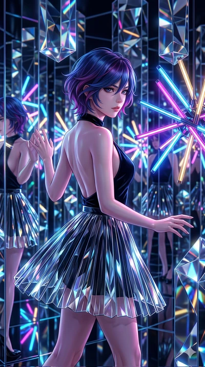 score_9, masterpiece, best quality, ultra-detailed, high-budget anime keyframe, Japanese woman. upper body close-up from the thighs up, character filling the screen for maximum presence. navigating a kinetic light-sculpture mirror maze, passing betwe