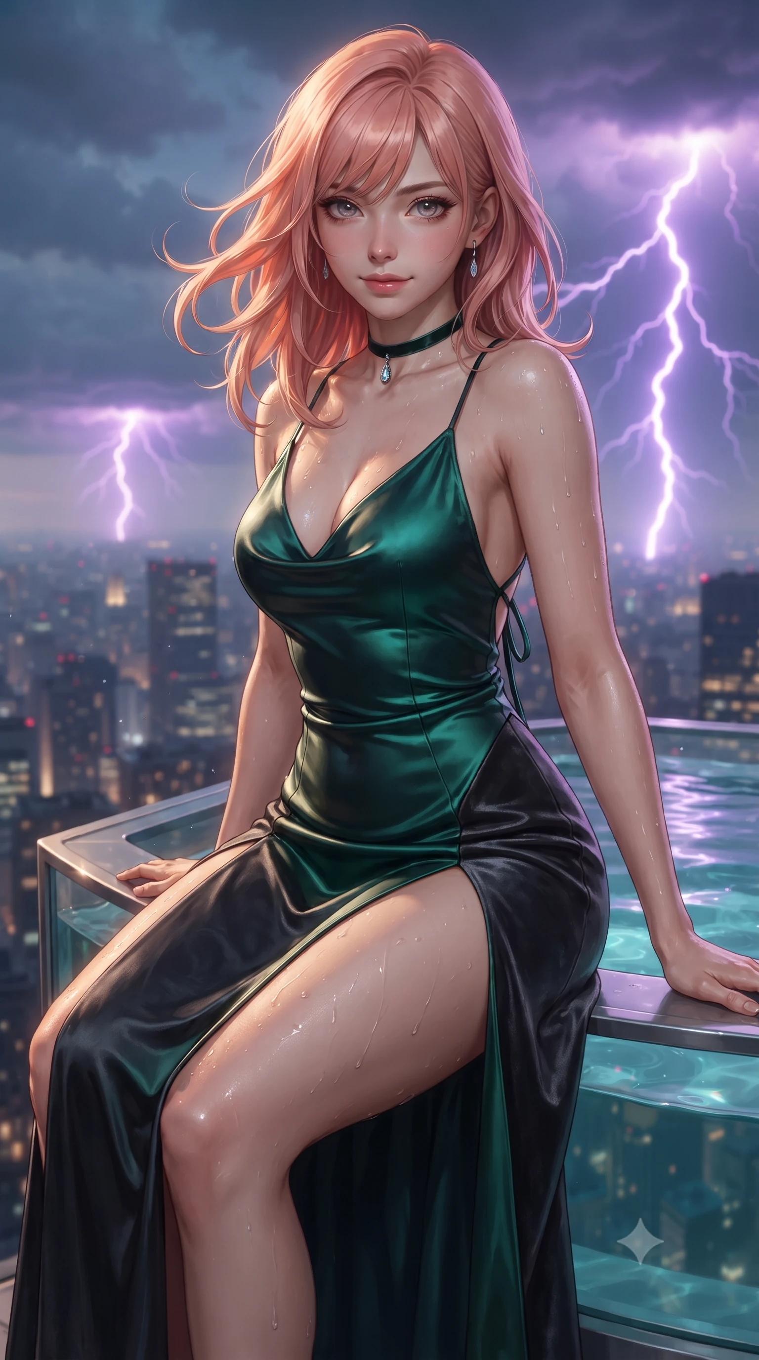 score_9, masterpiece, best quality, ultra-detailed, high-budget anime keyframe, editorial fashion photography, tasteful artistic composition, Japanese woman. close-up cowboy shot from the waist and thighs up, the character dominates the composition, filling the frame with her large presence. turning slowly with an enchanting smoldering smile, her glossy hair tossing in the breeze as her hips angle gracefully in a captivating contrapposto while sitting in the steaming open-air glass jacuzzi cantilevered eighty-five floors up, arching her back with breathtaking wet-look siren grace. The background shows a soft-focus jacuzzi acrylic rim softened in dramatic high-altitude shallow focus. She has an exceptionally elegant, slender, and willowy female figure with an ultra-slim waist, flat toned midriff, narrow ribcage, and sculpted feminine hips creating an alluring, slim hourglass silhouette without bulk. sharp v-shaped jawline, high-bridge nose, sparkling eyes with hypnotic seductive depth, thick curled eyelashes, glossy parted lips with a natural dewy peach sheen, alluring bedroom-eyes with an enchanting coquettish smile, exuding magnetic siren charisma and sophisticated glamour, flawlessly proportioned anatomical accuracy, strict slender model proportions, natural body alignment, perfectly sculpted long slender limbs, ultra-slim waistline, clean dynamic posture without body distortion. wearing a plunging cowl-neck liquid silk satin slip gown with daring hip-high double slits and delicate back ties in iridescent emerald satin and dark charcoal velvet, woven from buttery-soft stretch lambskin leather adhering to her body like a second skin, finished with a thin velvet ribbon choker and a single teardrop diamond pendant, the high-slit wrap tailoring accentuating her ultra-slim waistline and the enchanting curve of her feminine hips with alluring seductive charm. bathed in warm 3200K underwater tub illumination paired with sudden electric purple lightning flashes from passing clouds. ultra-reflective glossy finish, specular highlights, rich textural contrasts, high-contrast stereoscopic depth, volumetric dynamic lighting, 2k, ultra detail, master piece, 9:16 ratio