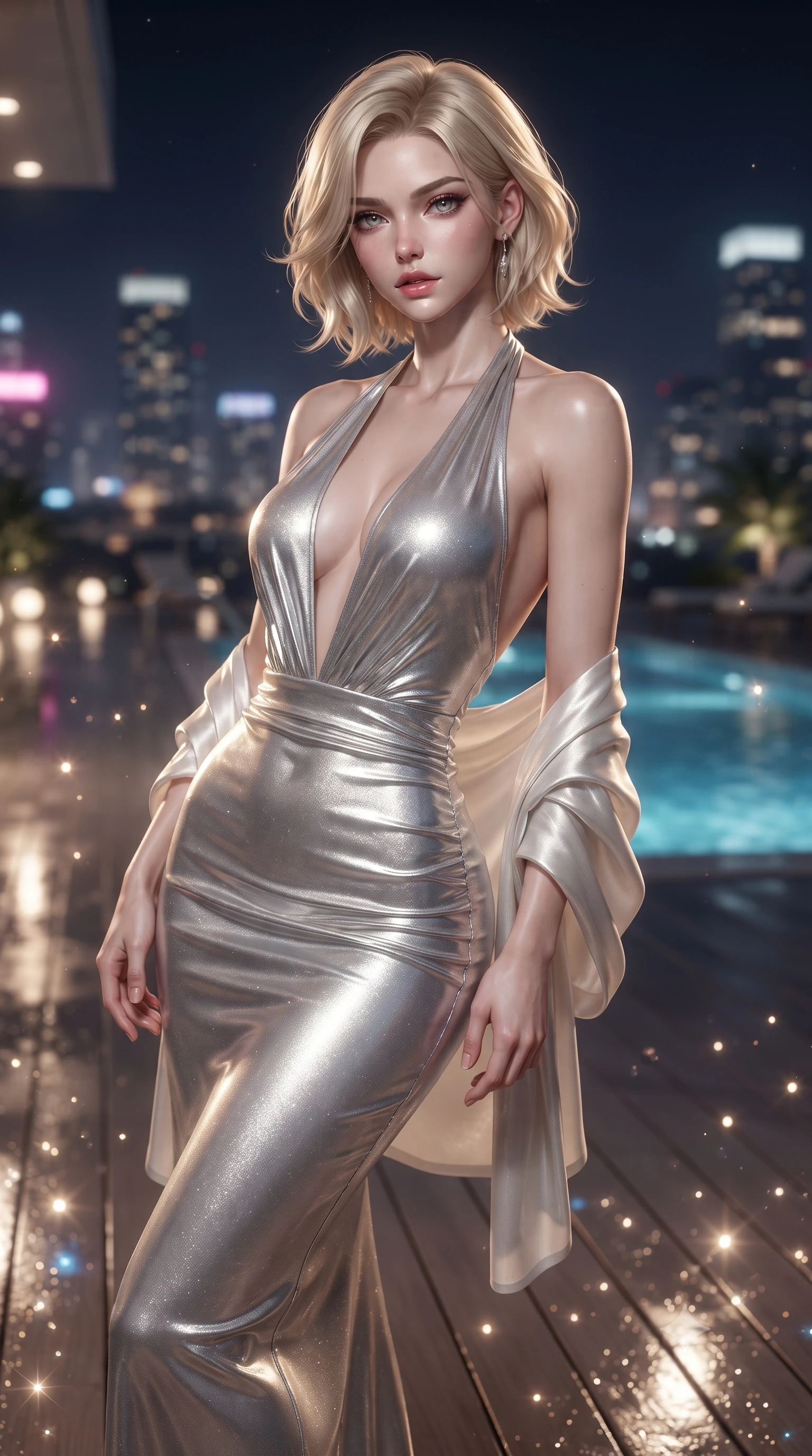 score_9, masterpiece, best quality, ultra-detailed, high-budget anime keyframe, editorial fashion photography, tasteful artistic composition, Caucasian woman. close-up cowboy shot from the waist and thighs up, the character dominates the composition, filling the frame with her large presence. leaning back with relaxed seductive grace, her sculpted collarbones and narrow waist highlighted as she casts smoldering bedroom-eyes directly into the camera while pivoting gracefully on the polished balcony deck with hips shifted in a pronounced contrapposto stance, parted glossy lips reflecting city neon. The composition keeps background elements in soft focus with creamy bokeh. shimmering pool caustics and city light reflections scattering radiant light motes across the deck. She has an exceptionally elegant, slender, and willowy female figure with an ultra-slim waist, a gracefully sculpted slender torso, toned flat midriff, and rounded feminine hips creating an alluring hourglass silhouette. sharp v-shaped jawline, high-bridge nose, intricate jewel-like eyes with depth, thick eyelashes, glossy parted lips with a natural sheen, intensely captivating and seductive bedroom-eyes expression, flawlessly proportioned anatomical accuracy, strict slender model proportions, natural body alignment, perfectly sculpted long slender limbs, ultra-slim waistline, clean dynamic posture without body distortion. wearing a plunging halter-neck metallic lamé column dress with a dramatic bare spine and hip-defining ruching in shimmering silver mercury and pearl white, tailored from liquid silk jersey adhering flawlessly to her slender build, finished with a gossamer silk shawl draped loosely over her elbows, the glove-like aerodynamic silhouette tightly following the natural contour of her hips and long slender legs with statuesque precision. illuminated by crisp directional edge lights sharply sculpting her slender waist and curvy feminine hips. ultra-reflective glossy finish, specular highlights, rich textural contrasts, high-contrast stereoscopic depth, volumetric dynamic lighting, 2k, ultra detail, master piece, 9:16 ratio