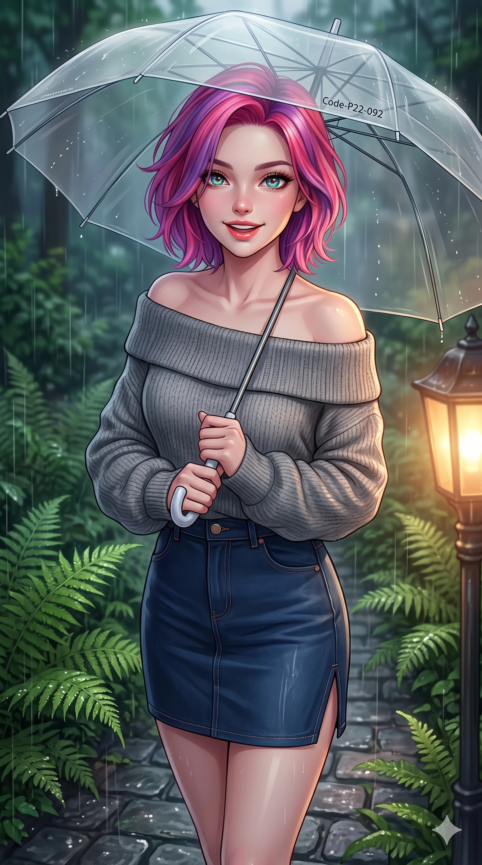 score_9, masterpiece, best quality, ultra-detailed, high-budget anime keyframe, vibrant anime aesthetic, Caucasian woman, strictly human ears. close-up cowboy shot from the waist and thighs up, the character dominates the composition, filling the frame with her large presence, background elements kept in soft focus. She is posing with a bright, energetic grin, her eyes glowing with energy, with her eyes bright and full of life standing amidst vibrant green ferns. standing on a rain-slicked cobblestone street under a warm glowing gaslight, holding a clear umbrella (Code-P22-092). She has an absolutely perfect proportion, an exceptionally elegant and slender female figure with an ultra-slim waist. V-shaped jawline, high-bridge nose, intricate jewel-like eyes with depth, thick eyelashes, glossy lips with a natural sheen. wearing an off-shoulder oversized sweater paired with a refined side vent denim skirt in midnight blue. She is drenched in soft, diffused light of a rainy afternoon, creating clean outlines, accentuating her slender silhouette inside the glass pavilion. 2k, ultra detail, master piece, 9:16 ratio