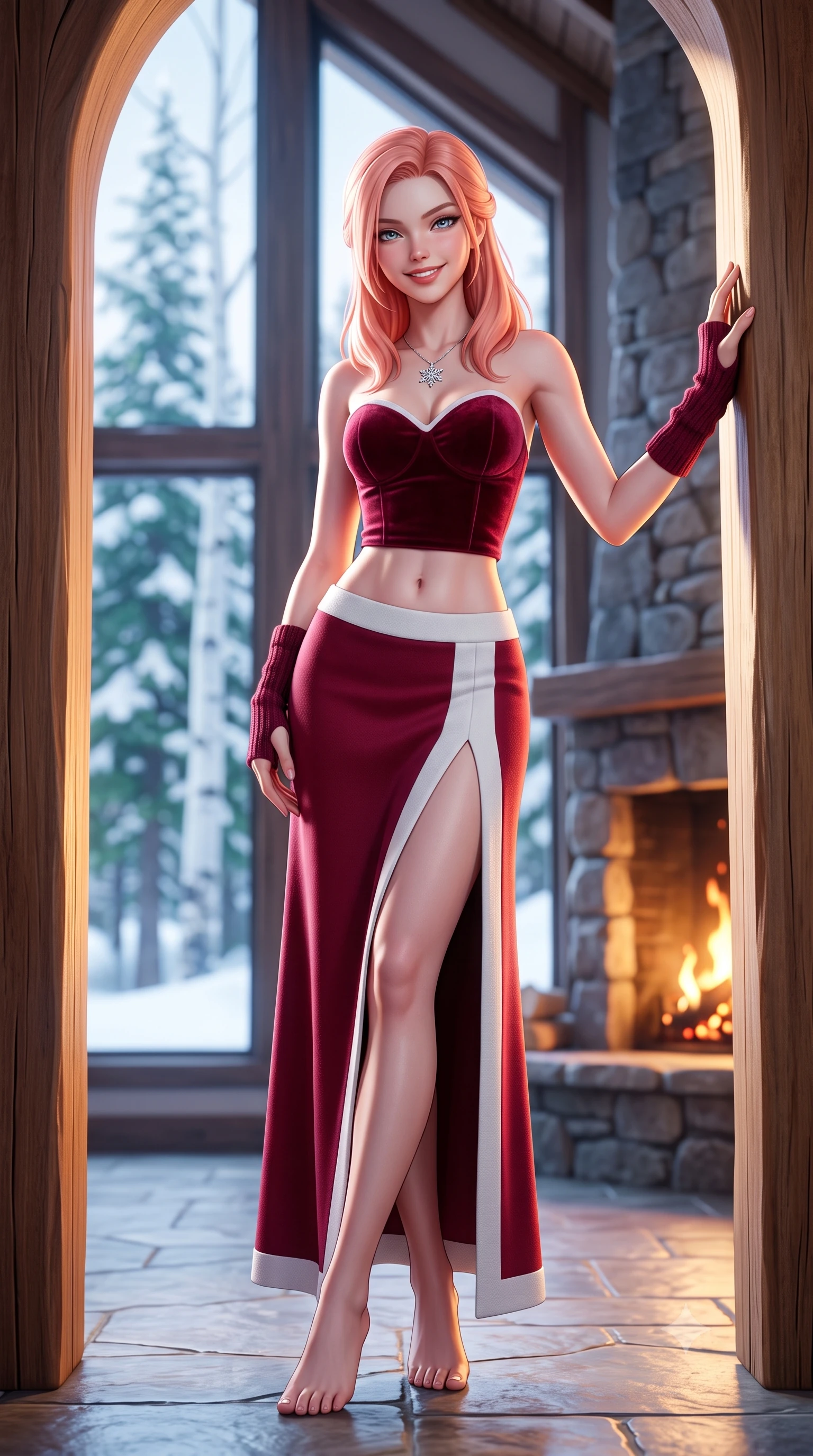 score_9, masterpiece, best quality, ultra-detailed, high-budget anime keyframe, semi-realistic 3D game render, editorial fashion photography, tasteful artistic composition, Japanese woman. low angle full-body shot from head to toe showing her feet, filling the entire 9:16 vertical frame with her statuesque presence, stretching her vertical silhouette. leaning deep against the sunlit chalet archway with hips cocked back in a cute yet unapologetically alluring high-fashion stance, flashing a warm beaming smile while standing poised beside the massive cedar beam pillar with hips cocked back, looking into the lens with a teasing half-smile as flames illuminate her curves. The composition keeps background elements in soft focus with dreamy creamy bokeh. towering snow-laden Aspen pine trees through colossal cathedral windows blurred into emerald, slate, and frosty white bokeh. She has an exceptionally tall and slender model-like 8.5-heads proportion, an ultra-slim waist, a flat toned midriff, narrow delicate ribcage, and beautifully sculpted feminine hips creating a graceful, slim hourglass silhouette without any bulky heaviness, with impossibly long slender legs. sharp v-shaped jawline, high-bridge nose, sparkling ice-crystal eyes with depth, frosty thick lashes, glossy parted lips with a rosy berry sheen, bright playful smile with an intoxicating seductive glint, rosy flushed cheeks radiating cozy warmth and dangerous allure, flawlessly proportioned anatomical accuracy, strict slender model proportions, natural body alignment, perfectly sculpted long slender limbs, ultra-slim waistline, clean dynamic posture without body distortion. wearing a sweetheart-neckline velvet bustier top paired with a high-slit wool-crepe maxi skirt in rich winter berry crimson and snow white, tailored from fine lightweight merino wool rib knit with structural contouring, featuring elegant fingerless knit wrist warmers and a dainty silver snowflake pendant, the form-contouring cut accentuating her sculpted flat midriff, narrow delicate ribcage, and gracefully curvy hips with alpine supermodel elegance. illuminated by cool winter twilight window bounce and rich warm-gold rim light sculpting her razor-sharp jawline, narrow waist, and curvy hips. highly saturated vibrant anime colors, detailed shading with soft gradients, rich glossy textures, high-contrast stereoscopic depth, volumetric dynamic lighting, master piece, 9:16 ratio