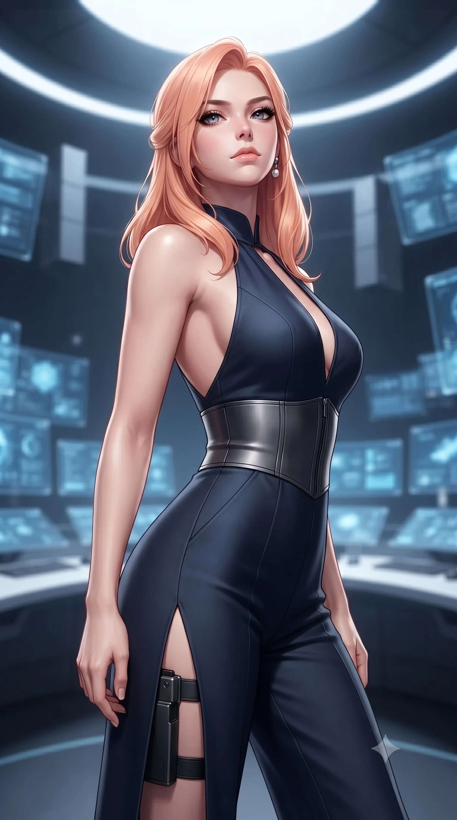 score_9, masterpiece, best quality, ultra-detailed, high-budget anime keyframe, editorial fashion photography, tasteful artistic composition, Japanese woman. close-up cowboy shot from the waist and thighs up, the character dominates the composition, filling the frame with her large presence. tilting her chin up with proud, sovereign confidence while gazing directly into the lens with thick, dark eyelashes while pivoting gracefully across the floating intelligence bridge as multiple floating holographic terminal screens surround her. The composition keeps background elements in soft focus with creamy bokeh. curved holographic data interfaces and floating server pylons softened in sleek shallow depth of field. She has an exceptionally elegant, slender, and willowy female figure with an ultra-slim waist, a gracefully sculpted slender torso, toned flat midriff, and a refined slim silhouette. sharp v-shaped jawline, high-bridge nose, intricate jewel-like eyes with depth, thick eyelashes, glossy lips with a natural sheen, captivating and magnetic expression, flawlessly proportioned anatomical accuracy, strict slender model proportions, natural body alignment, perfectly sculpted long slender limbs, ultra-slim waistline, clean dynamic posture without body distortion. wearing a high-society undercover halter-neck jumpsuit with a tailored deep-V back and integrated tactical waist cincher in deep midnight blue and brushed gunmetal, tailored from fluid silk crepe with inner ballistic reinforcement, accessorized with a sleek concealed garter holster and pearl ear transmitter edition #15, the liquid-tight tailored fabric emphasizing every curve of her tall, slender model proportions and sculptured silhouette during dynamic movement. surrounded by a mastermind, elite, and dangerously seductive intelligence director aura. ultra-reflective glossy finish, specular highlights, rich textural contrasts, high-contrast stereoscopic depth, volumetric dynamic lighting, 2k, ultra detail, master piece, 9:16 ratio