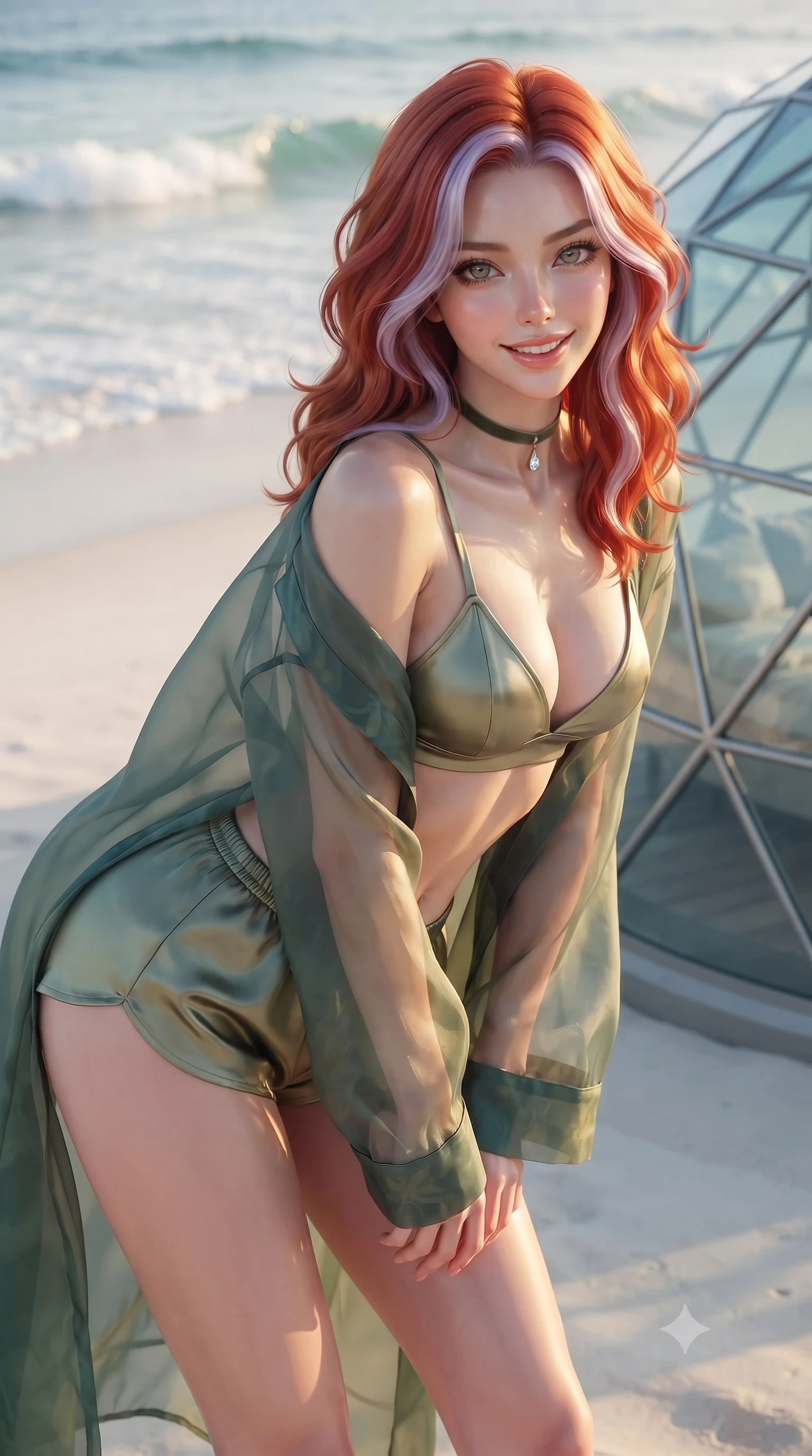 score_9, masterpiece, best quality, ultra-detailed, high-budget anime keyframe, editorial fashion photography, tasteful artistic composition, Caucasian woman. close-up cowboy shot from the waist and thighs up, the character dominates the composition, filling the frame with her large presence. leaning forward while arching her lower back to accentuate her curvy hips, looking into the camera with an intoxicating smoldering gaze and bedroom-eyes while standing poised on the virgin white coral sand beside the modern geodesic glass dome, arching her spine with supernatural high-fashion poise as Arctic waves lap gently. The background shows a soft-focus gentle ocean wave foam softened in surreal Arctic beach sanctuary shallow focus. She has an exceptionally elegant, slender, and willowy female figure with an ultra-slim waist, flat toned midriff, narrow ribcage, and sculpted feminine hips creating an alluring, slim hourglass silhouette without bulk. sharp v-shaped jawline, high-bridge nose, intricate jewel-like sparkling eyes with depth, thick eyelashes, glossy parted lips with a natural peach sheen, bright cheerful beaming smile with an enchanting and coquettish sensual glint, exuding both youthful cute charm and seductive allure, flawlessly proportioned anatomical accuracy, strict slender model proportions, natural body alignment, perfectly sculpted long slender limbs, ultra-slim waistline, clean dynamic posture without body distortion. wearing a sheer silk organza modern caftan robe worn loose and slipping off bare shoulders over a matching satin bralette and micro-shorts in Tulum jungle agave sage and copal resin gold, woven from buttery-soft stretch lambskin leather adhering to her body like a second skin, finished with a thin velvet ribbon choker and a single teardrop diamond pendant, the form-contouring silhouette accentuating her sculpted flat midriff, narrow delicate ribcage, and gracefully curvy hips with intoxicating allure. bathed in low-angle golden 2900K midnight sun light mixed with turquoise water caustics bounce. ultra-reflective glossy finish, specular highlights, rich textural contrasts, high-contrast stereoscopic depth, volumetric dynamic lighting, 2k, ultra detail, master piece, 9:16 ratio