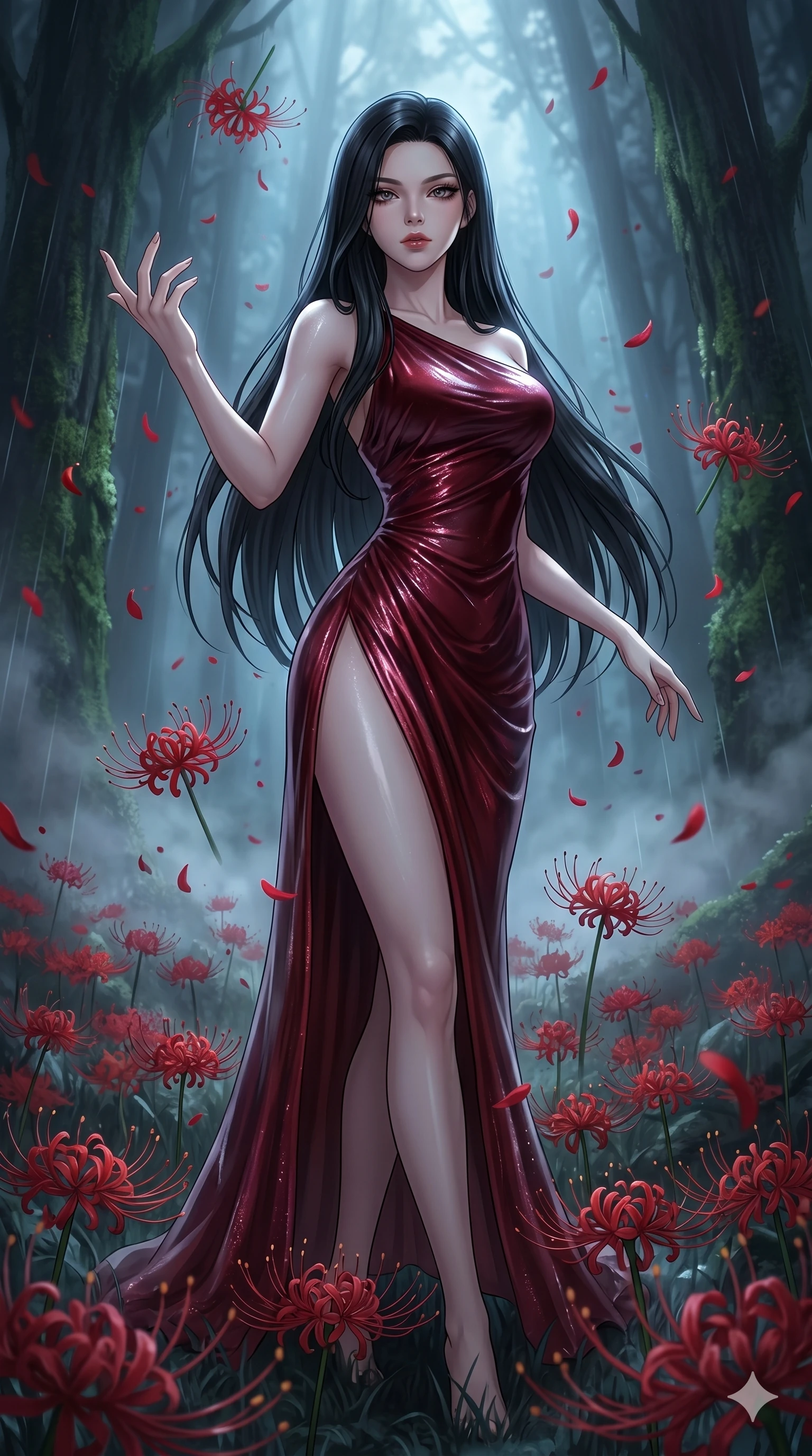score_9, masterpiece, best quality, ultra-detailed, High-budget Anime Keyframe, East Asian woman. Low angle cowboy shot filling the entire 9:16 frame with her statuesque presence. Scenario 95: Dancing amidst falling red spider lilies in a misty dark forest. Her presence is magnetic and overpowering in this high-budget anime scene. Outfit 95: A shimmering chiffon bare with a thigh-high slit and wet-look texture. The clothing is designed to emphasize her exceptionally tall and slender 8-heads proportion. 8-heads proportion, towering silhouette, ultra-slim waist. sharp v-shaped jawline, intricate jewel-like eyes with depth, thick eyelashes, glossy lips. 2k, ultra detail, master piece, 9:16 ratio
