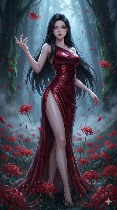 score_9, masterpiece, best quality, ultra-detailed, High-budget Anime Keyframe, East Asian woman. Low angle cowboy shot filling the entire 9:16 frame with her statuesque presence. Scenario 95: Dancing amidst falling red spider lilies in a misty dark 