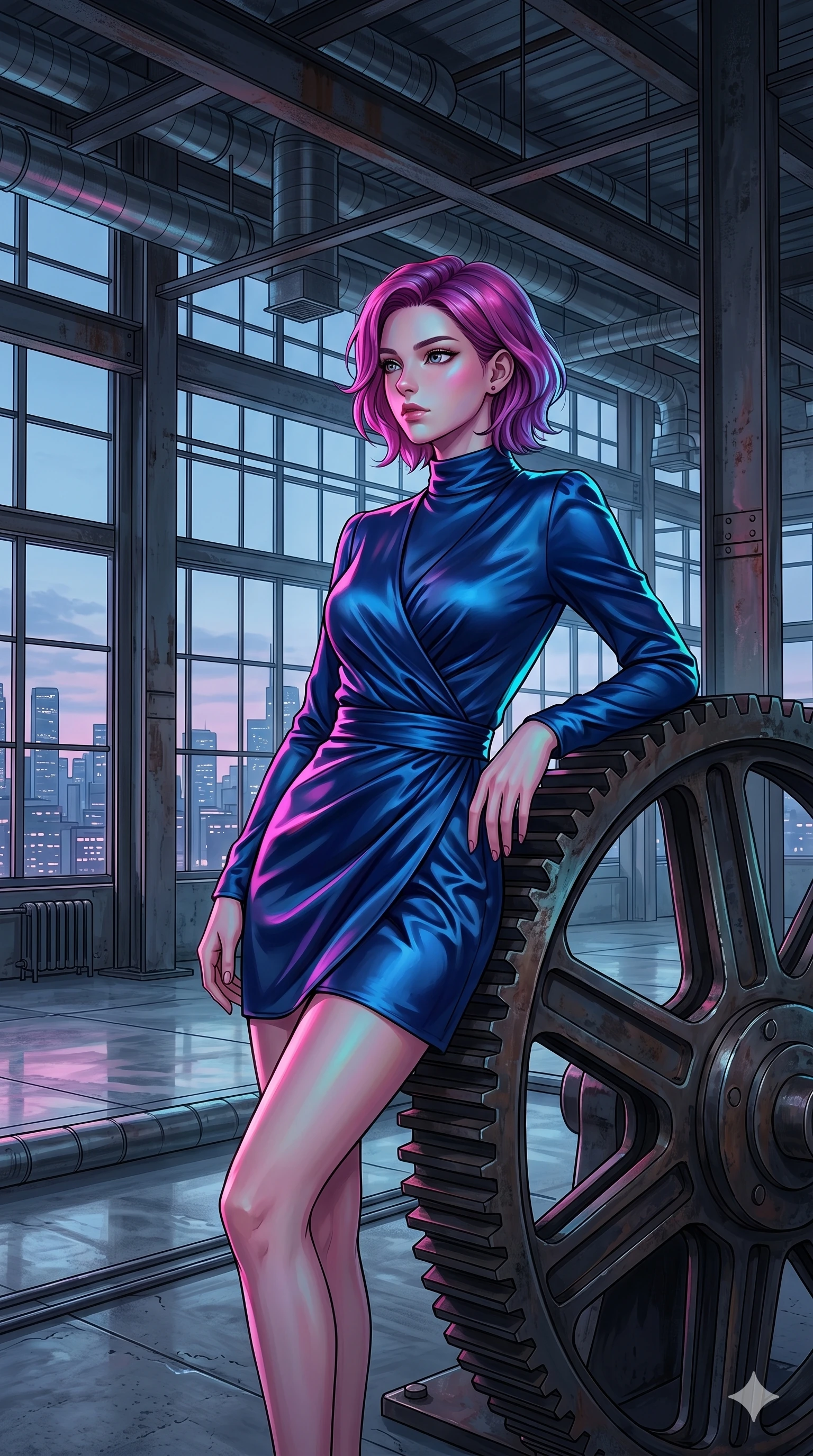 score_9, masterpiece, best quality, ultra-detailed, high-budget anime keyframe, editorial fashion photography, tasteful artistic composition, Caucasian woman, strictly human ears. cowboy shot from the thighs up, character and outfit filling the frame for maximum editorial presence. leaning against a giant gear wheel, looking past the camera with quiet, thoughtful intensity inside a high-fashion industrial warehouse with steel beams (Code-P17-042). She has an absolutely perfect 8-heads proportion, an exceptionally tall and slender female figure with impossibly long slender legs and an ultra-slim waist. V-shaped jawline, high-bridge nose, intricate jewel-like eyes with depth, thick eyelashes, glossy lips with a natural sheen. wearing a long-sleeved high-neck wrap dress in deep sapphire blue satin. vibrant magenta and cyan city lights casting colorful specular highlights on her skin. 2k, ultra detail, master piece, 9:16 ratio