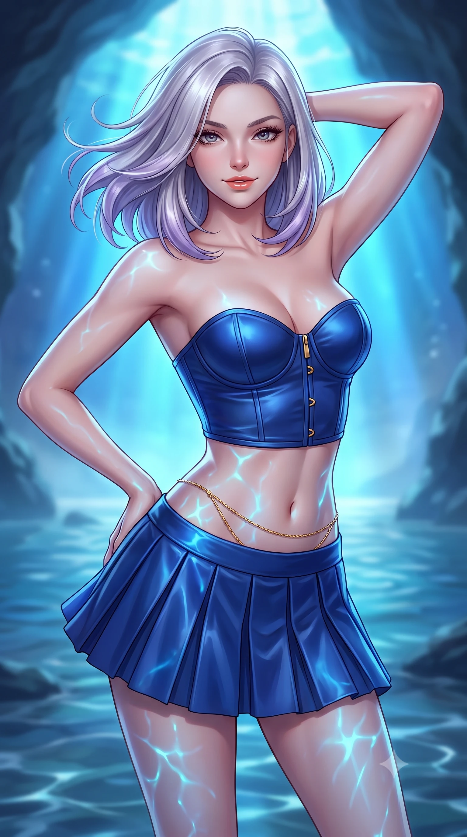 score_9, masterpiece, best quality, ultra-detailed, high-budget anime keyframe, semi-realistic 3D game render, editorial fashion photography, tasteful artistic composition, Caucasian woman. close-up cowboy shot from the waist and thighs up, the character dominates the composition, filling the frame with her large presence. turning slowly with an enchanting smoldering smile, her glossy hair tossing in the breeze as her hips angle gracefully in a captivating contrapposto while twisting her slender torso in an alluring S-curve, electric blue underwater light caustics dancing across her flat midriff and hips. The background shows a soft-focus grotto entrance ripples softened in mysterious maritime subterranean shallow focus. She has an exceptionally elegant, slender, and willowy female figure with an ultra-slim waist, flat toned midriff, narrow ribcage, and sculpted feminine hips creating an alluring, slim hourglass silhouette without bulk. sharp v-shaped jawline, high-bridge nose, sparkling eyes with hypnotic seductive depth, thick curled eyelashes, glossy parted lips with a natural dewy peach sheen, alluring bedroom-eyes with an enchanting coquettish smile, exuding magnetic siren charisma and sophisticated glamour, flawlessly proportioned anatomical accuracy, strict slender model proportions, natural body alignment, perfectly sculpted long slender limbs, ultra-slim waistline, clean dynamic posture without body distortion. wearing a strapless boned satin bustier paired with a micro-pleated tennis-style resort skirt framing her hourglass hips in high-contrast coastal monochrome with gold hardware, woven from buttery-soft stretch lambskin leather adhering to her body like a second skin, accented with a dainty gold belly chain resting across her flat midriff and curving hips, the glove-like clinging cut tightly following the natural contour of her hips and long slender legs with youthful 8.5-heads elegance. bathed in ethereal glowing cobalt-and-cyan light radiating upward through the submerged cave opening. highly saturated vibrant anime colors, detailed shading with soft gradients, rich glossy textures, high-contrast stereoscopic depth, volumetric dynamic lighting, master piece, 9:16 ratio