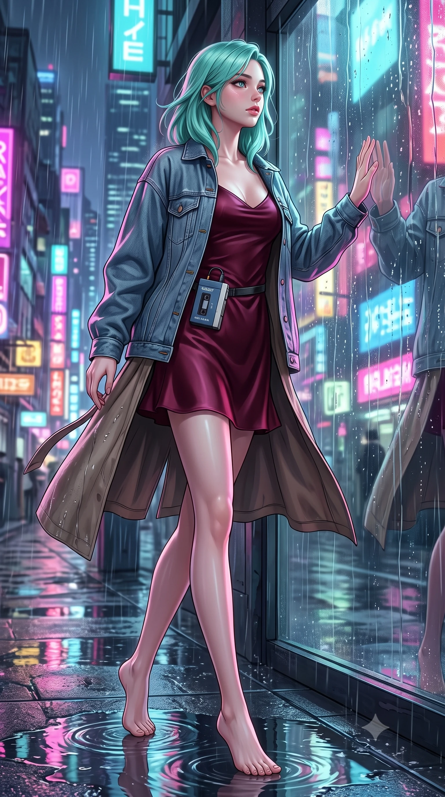 score_9, masterpiece, best quality, ultra-detailed, high-budget anime keyframe, semi-realistic 3D game render, editorial fashion photography, tasteful artistic composition, Japanese woman. low angle full-body shot from head to toe showing her feet, filling the entire 9:16 vertical frame with her statuesque presence, stretching her vertical silhouette. stepping forward gracefully in mid-motion, displaying her toned flat midriff and flawlessly sculpted slender limbs while pressing her palm lightly against the rain-streaked glass, gazing out into the neon-lit street with wistful, romantic eyes. The surrounding environment is rendered in vivid detail and crisp panoramic clarity. detailed wet trench coat fabric, sidewalk puddle caustics, and neon reflection clarity in high resolution. She has an absolutely perfect, statuesque 8.5-heads proportion, an exceptionally tall and slender model-like female figure with impossibly long slender legs, a toned flat midriff, and an ultra-slim waist. sharp v-shaped jawline, high-bridge nose, intricate jewel-like eyes with depth, thick eyelashes, glossy lips with a natural sheen, captivating and magnetic expression, flawlessly proportioned anatomical accuracy, strict slender model proportions, natural body alignment, perfectly sculpted long slender limbs, ultra-slim waistline, clean dynamic posture without body distortion. wearing a romantic 90s silk satin slip dress layered under an unbuttoned vintage oversized denim jacket in rich wine burgundy and faded vintage blue, woven from soft breathable linen that flutters gently with every step, accessorized with a vintage portable cassette Walkman clipped to her waistband, the form-contouring material adhering flawlessly to her sculpted flat midriff and slender torso, emphasizing her long leg lines and perfectly proportioned willowy build. illuminated by soft glowing highlights defining her delicate features, glossy lips, and slender torso. highly saturated vibrant anime colors, detailed shading with soft gradients, rich glossy textures, high-contrast stereoscopic depth, volumetric dynamic lighting, master piece, 9:16 ratio