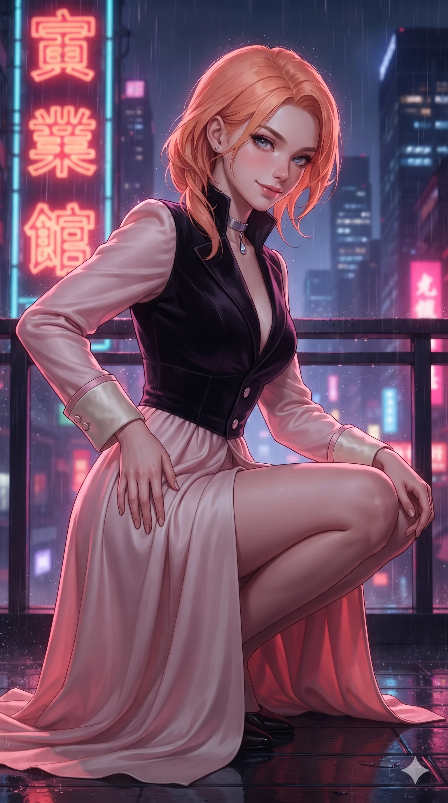 score_9, masterpiece, best quality, ultra-detailed, high-budget anime keyframe, editorial fashion photography, tasteful artistic composition, Japanese woman. close-up cowboy shot from the waist and thighs up, the character dominates the composition, filling the frame with her large presence. tilting her head with a teasing half-smile, running one hand slowly down the side of her hip in a flirtatious S-curve as ambient light caresses her silhouette while crouching gracefully on the rain-slicked balcony deck, glancing back with smoldering bedroom-eyes as neon reflections wash over her dress. The background shows a soft-focus colossal vertical neon Chinese character signs, illuminated skyscrapers, and dense flying rain mist blurred into scarlet, violet, and obsidian bokeh. She has an exceptionally elegant, slender, and willowy female figure with an ultra-slim waist, flat toned midriff, narrow ribcage, and sculpted feminine hips creating an alluring, slim hourglass silhouette without bulk. sharp v-shaped jawline, high-bridge nose, intricate jewel-like sparkling eyes with depth, thick eyelashes, glossy parted lips with a natural sheen, intensely captivating and seductive bedroom-eyes expression, exuding both youthful cute charm and sovereign luxury allure, flawlessly proportioned anatomical accuracy, strict slender model proportions, natural body alignment, perfectly sculpted long slender limbs, ultra-slim waistline, clean dynamic posture without body distortion. wearing a tailored high-collar velvet evening coat dress with structural waist cinching and satin cuff accents in sakura blossom pink and warm ivory, tailored from heavy double-faced silk georgette with an exceptionally fluid drape, finished with a minimalist chrome choker and a single teardrop diamond pendant, the impeccably tailored cut draping gracefully along her slender figure with aristocratic poise. illuminated by rain puddle bounce and sharp scarlet-violet rim lights sculpting her razor-sharp jawline, narrow waist, and curvy hips. ultra-reflective glossy finish, specular highlights, rich textural contrasts, high-contrast stereoscopic depth, volumetric dynamic lighting, 2k, ultra detail, master piece, 9:16 ratio