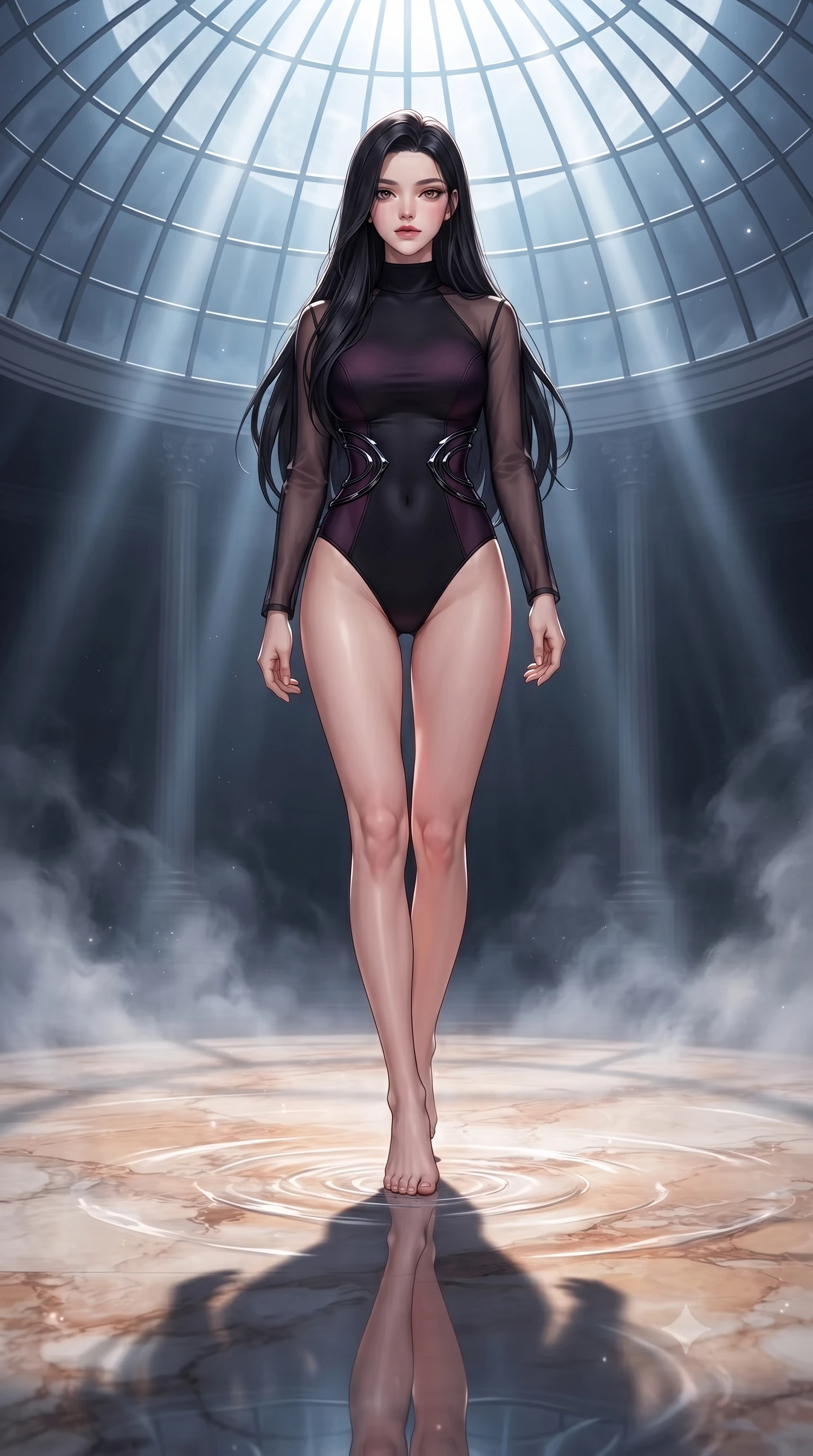 score_9, masterpiece, best quality, ultra-detailed, high-budget anime keyframe, editorial fashion photography, tasteful artistic composition, Korean woman. low angle full-body shot from head to toe showing her feet, filling the entire 9:16 vertical frame with her statuesque presence, stretching her vertical silhouette. forging confidently through the floating mist, holding a poised statuesque stance, stepping gracefully onto a warm marble floor glinting with moonlit ripples, water surface creating a clear mirror reflection of her statuesque posture. She has an absolutely perfect, statuesque 8.5-heads proportion, an exceptionally tall and slender model-like female figure with impossibly long slender legs and an ultra-slim waist. sharp v-shaped jawline, high-bridge nose, intricate jewel-like eyes with depth, thick eyelashes, glossy lips with a natural sheen. wearing sleek high-neck ribbed activewear bodysuit in matte black in dark plum violet, made of sheer dark organza overlay, accented with sculpted obsidian chrome rings at the waist, contouring every curve with an exceptionally elegant silhouette. illuminated by brilliant cold silver moonlight filtering through glass dome panes. highly saturated vibrant anime colors, detailed shading with soft gradients, rich glossy textures, high-contrast stereoscopic depth, volumetric dynamic lighting, master piece, 9:16 ratio