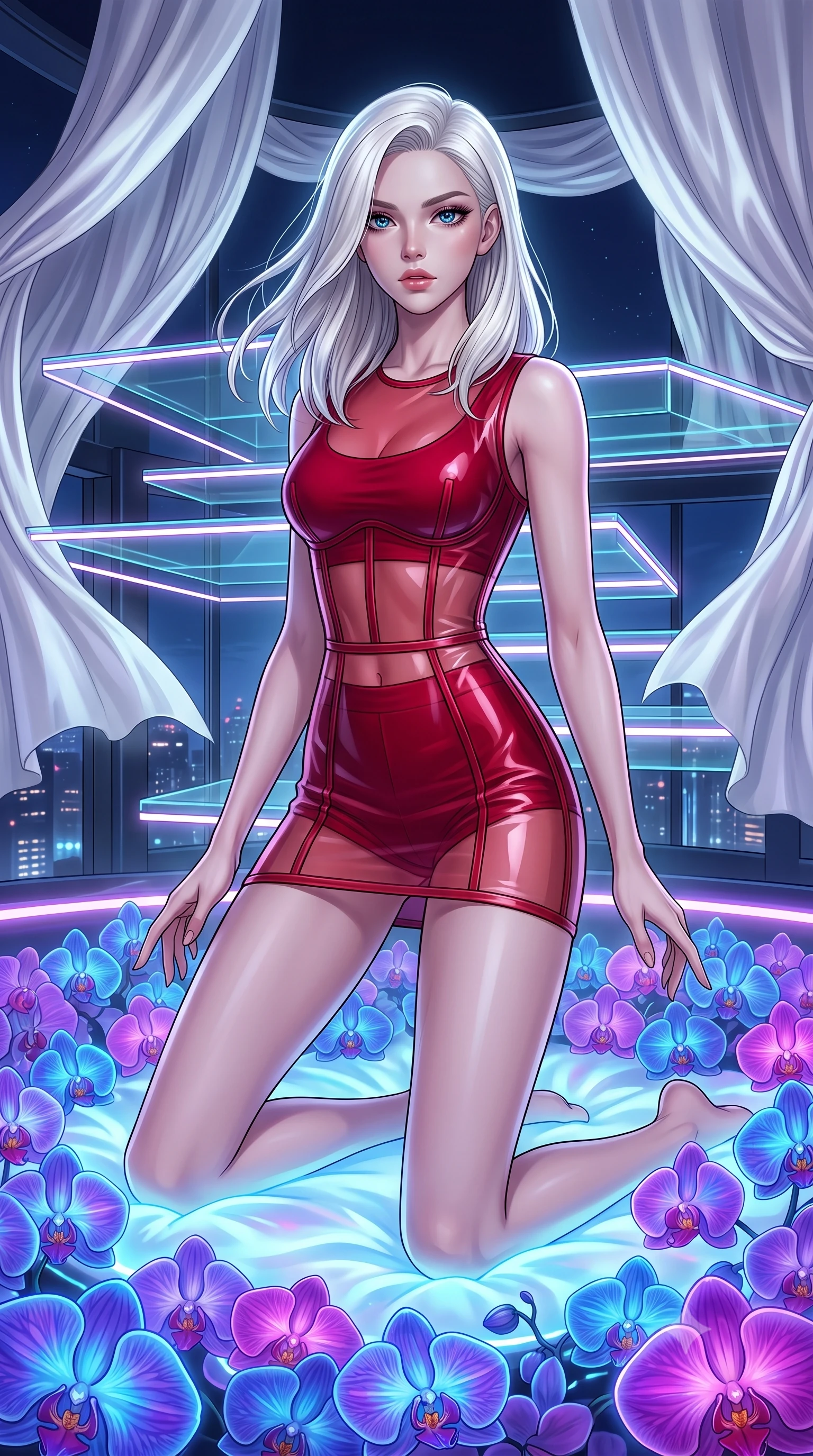 score_9, masterpiece, best quality, ultra-detailed, High-budget Anime Keyframe, Caucasian woman, strictly human ears. Dynamic full-body shot stretching the vertical silhouette to the limit. Scenario 431: kneeling on a soft bed of glowing neon orchids under a luxury sky-lounge with floating glass platforms and white silk drapes. Her presence is magnetic and overpowering in this high-budget anime scene. Outfit 431: a form-contouring crimson red translucent PVC corset dress worn over an opaque crop top and high-waisted shorts. The clothing is designed to emphasize her exceptionally tall and slender 8-heads proportion. 8-heads proportion, towering silhouette, ultra-slim waist. sharp v-shaped jawline, intricate jewel-like eyes with depth, thick eyelashes, glossy lips. 2k, ultra detail, master piece, 9:16 ratio