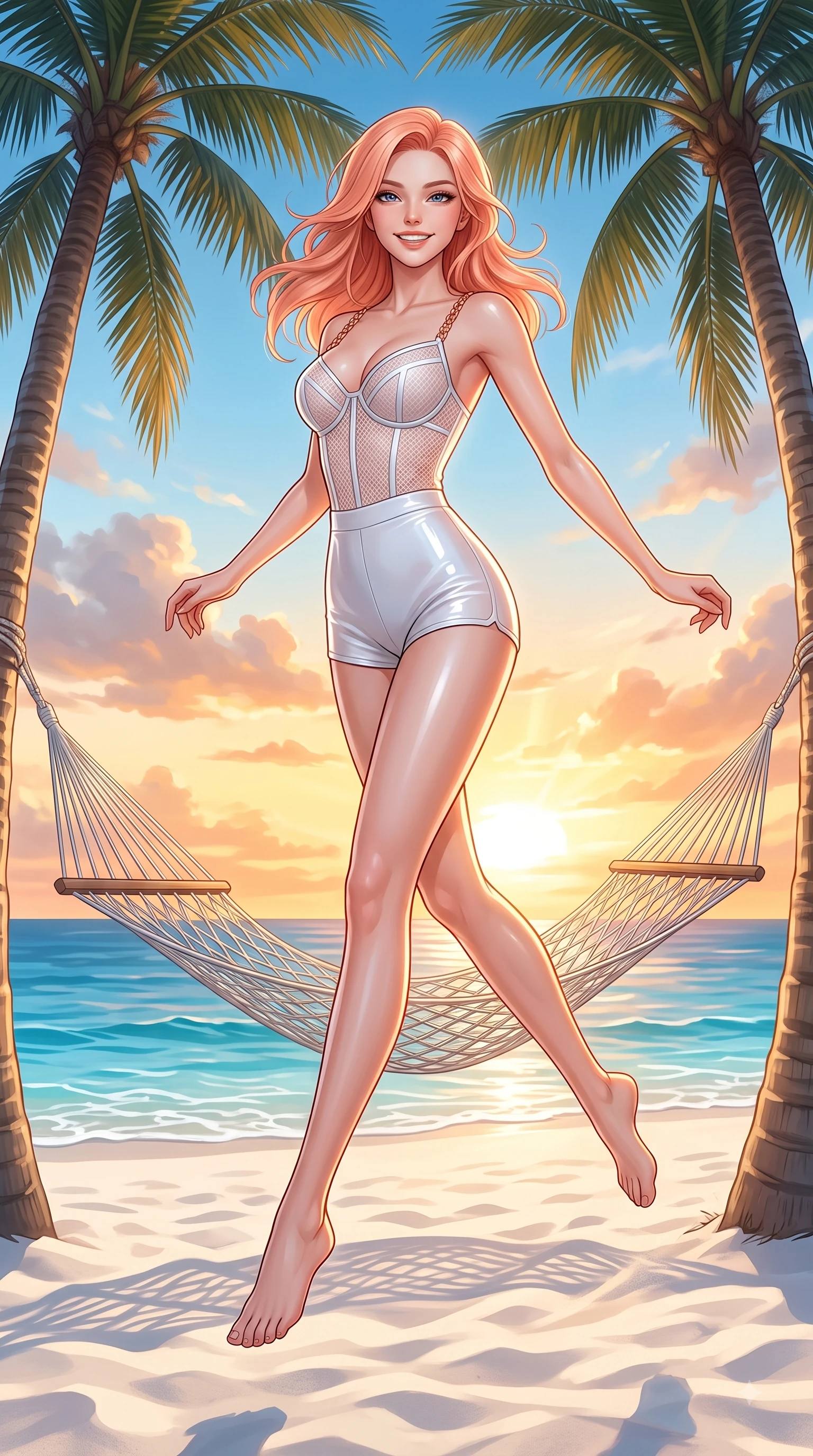 score_9, masterpiece, best quality, ultra-detailed, high-budget anime keyframe, editorial fashion photography, tasteful artistic composition, Japanese woman. low angle full-body shot from head to toe showing her feet, filling the entire 9:16 vertical frame with her statuesque presence, stretching her vertical silhouette. leaping with pure joy through mid-air with a radiant bright smile, her impossibly long slender legs stretched in perfect balance while lounging joyfully on a sea-facing hammock suspended between coconut palms at golden hour, soft white sand contrasting beautifully with rich ocean azure and vibrant sky blue hues. She has an absolutely perfect, statuesque 8.5-heads proportion, an exceptionally tall and slender model-like female figure with impossibly long slender legs and an ultra-slim waist. sharp v-shaped jawline, high-bridge nose, intricate jewel-like eyes with depth, thick eyelashes, glossy lips with a natural sheen, flawlessly proportioned anatomical accuracy, natural body alignment, perfectly sculpted elegant limbs, clean dynamic posture without body distortion. wearing a delicate see-through mesh top with structured cup boning and micro-shorts in pearl white and rose gold, formed from sleek second-skin neoprene, adorned with delicate metallic chain straps along the neckline, the form-contouring material highlighting her ultra-slim waist and long lines. illuminated by a glorious golden hour sunburst painting the clouds in joyful peach and amber. ultra-reflective glossy finish, specular highlights, metallic sheen, high-contrast stereoscopic depth, volumetric dynamic lighting, 2k, ultra detail, master piece, 9:16 ratio