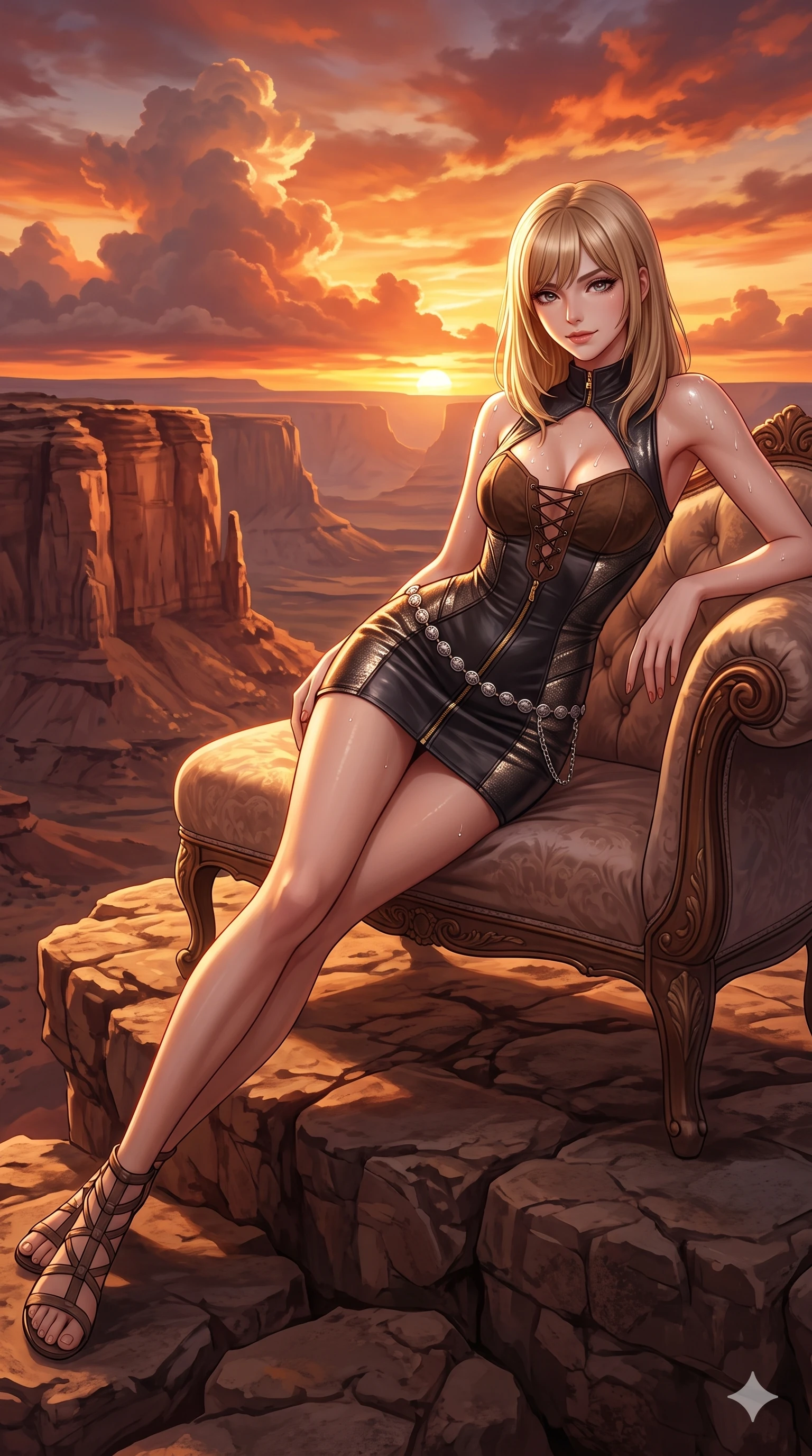 score_9, masterpiece, best quality, ultra-detailed, high-budget anime keyframe, semi-realistic 3D game render, editorial fashion photography, tasteful artistic composition, Japanese woman. low angle full-body shot from head to toe showing her feet, filling the entire 9:16 vertical frame with her statuesque presence, stretching her vertical silhouette. reclining gracefully across the plush chaise lounge with one leg extended, her sculpted silhouette and flat midriff radiating magnetic nocturnal glamour while twisting her slender torso in an alluring S-curve on the stone summit, dramatic thunderhead sunset clouds tracing her flat midriff and hourglass curves. The surrounding environment is rendered in vivid detail and crisp panoramic clarity: detailed plunging lace-up suede bustier tailoring, silver concho waist chain, and epic desert wilderness in razor-sharp precision. She has an absolutely perfect, statuesque 8.5-heads proportion, an exceptionally tall and slender model-like female figure with impossibly long slender legs, an ultra-slim waist, a flat toned midriff, narrow delicate ribcage, and beautifully sculpted feminine hips creating a graceful, slim hourglass silhouette without any bulky heaviness. sharp v-shaped jawline, high-bridge nose, sparkling eyes with hypnotic seductive depth, thick curled eyelashes, glossy parted lips with a natural dewy peach sheen, alluring bedroom-eyes with an enchanting coquettish smile, exuding magnetic siren charisma and sophisticated glamour, flawlessly proportioned anatomical accuracy, strict slender model proportions, natural body alignment, perfectly sculpted long slender limbs, ultra-slim waistline, clean dynamic posture without body distortion. wearing a glove-like stretch lambskin leather racer mini dress with double-ended front zipper and waist-cinching seams in high-contrast coastal monochrome with gold hardware, crafted from luxurious metallic lamé that shifts radiance with every step, finished with glistening drops of seawater beading across her sculpted shoulders and flat midriff, the form-contouring cut accentuating her sculpted flat midriff, narrow delicate ribcage, and gracefully curvy hips with intoxicating allure. illuminated by sandstone cliff bounce and sharp vermilion-amber rim lights defining her razor-sharp jawline, narrow waist, and curvy hips. highly saturated vibrant anime colors, detailed shading with soft gradients, rich glossy textures, high-contrast stereoscopic depth, volumetric dynamic lighting, master piece, 9:16 ratio