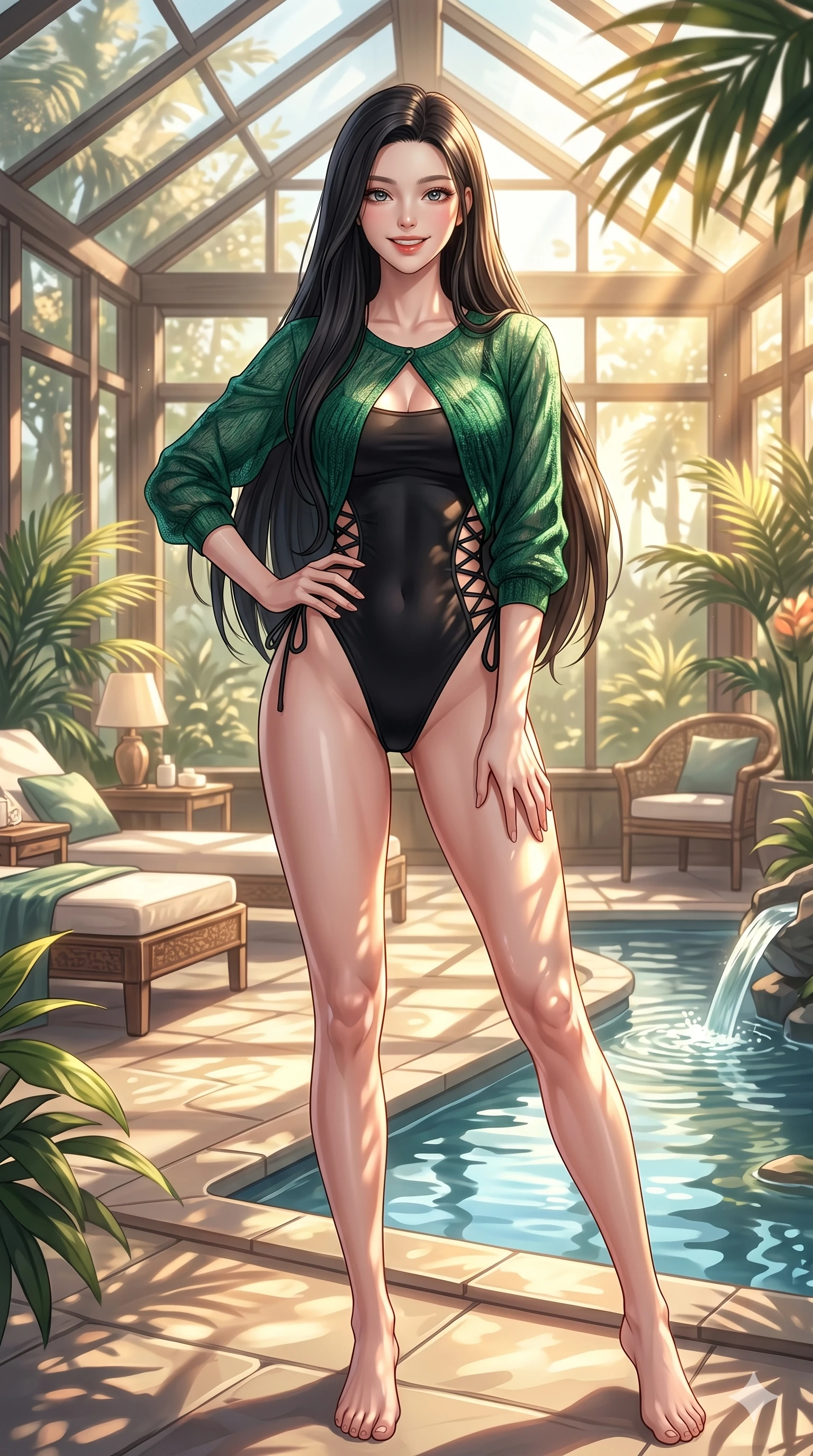 score_9, masterpiece, best quality, ultra-detailed, high-budget anime keyframe, vibrant anime aesthetic, Korean woman. cowboy shot from the thighs up, character and outfit filling the frame for maximum presence. She is standing proud in the sun, her lips curved in a warm, lively grin inside a luxury spa lounge with sunlit streams (Code-P20-106). She has an absolutely perfect 8-heads proportion, an exceptionally tall and slender female figure with impossibly long slender legs and an ultra-slim waist. V-shaped jawline, high-bridge nose, intricate jewel-like eyes with depth, thick eyelashes, glossy lips with a natural sheen. wearing a high-cut leg bodysuit with exposed waist. She is drenched in warm morning sunshine filtering through the conservatory glass, tracing her bare skin. 2k, ultra detail, master piece, 9:16 ratio