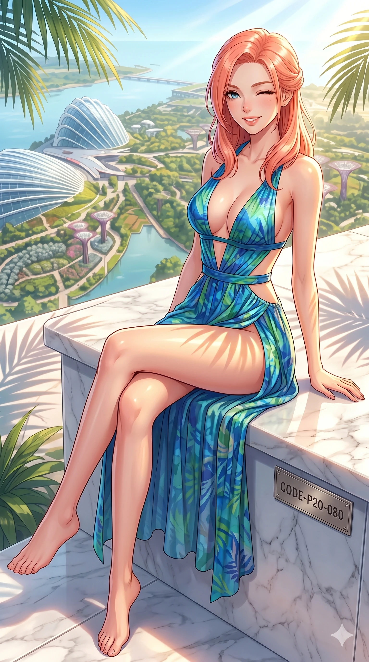 score_9, masterpiece, best quality, ultra-detailed, high-budget anime keyframe, vibrant anime aesthetic, Japanese woman. cowboy shot from the thighs up, character and outfit filling the frame for maximum presence. She is sitting on a marble ledge, winking and smiling cheerfully at the viewer on a floating observation deck over a botanical park (Code-P20-080). She has an absolutely perfect 8-heads proportion, an exceptionally tall and slender female figure with impossibly long slender legs and an ultra-slim waist. V-shaped jawline, high-bridge nose, intricate jewel-like eyes with depth, thick eyelashes, glossy lips with a natural sheen. wearing a high-slit resort dress with plunging neckline and side cut-outs. She is drenched in brilliant morning sunshine, casting long warm highlights and leaf patterns. 2k, ultra detail, master piece, 9:16 ratio