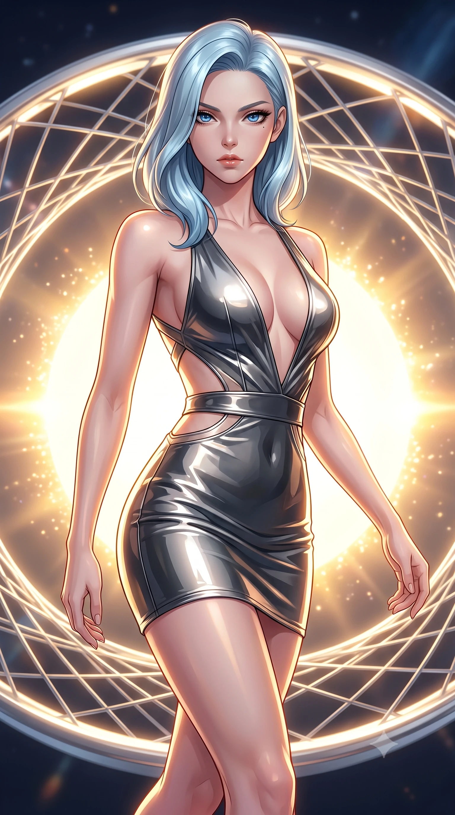 score_9, masterpiece, best quality, ultra-detailed, high-budget anime keyframe, editorial fashion photography, tasteful artistic composition, Korean woman. close-up cowboy shot from the waist and thighs up, the character dominates the composition, filling the frame with her large presence, background elements kept in soft focus. Gazing past the lens with composed intensity as her torso curves dynamically in mid-motion while stepping forward with a proud statuesque stride along a platinum ring suspended over a sun core, platinum wire lattices reflecting intense warm sunlight with brilliant metallic luster. She has an exceptionally elegant, slender, and willowy female figure with an ultra-slim waist, a gracefully sculpted slender torso, and a refined silhouette. sharp v-shaped jawline, high-bridge nose, intricate jewel-like eyes with depth, thick eyelashes, glossy lips with a natural sheen, flawlessly proportioned anatomical accuracy, natural body alignment, perfectly sculpted elegant limbs, clean dynamic posture without body distortion. wearing a liquid mercury gloss mini dress with ultra-deep V-neck and waist cutouts in charcoal grey and platinum, tailored from high-gloss patent leather, complemented by criss-cross back straps highlighting her bare shoulders, the tailored fabric tightly following every curve of her athletic build. illuminated by a majestic golden key light casting sharp dynamic shadow grids. highly saturated vibrant anime colors, detailed shading with soft gradients, rich glossy textures, high-contrast stereoscopic depth, volumetric dynamic lighting, master piece, 9:16 ratio