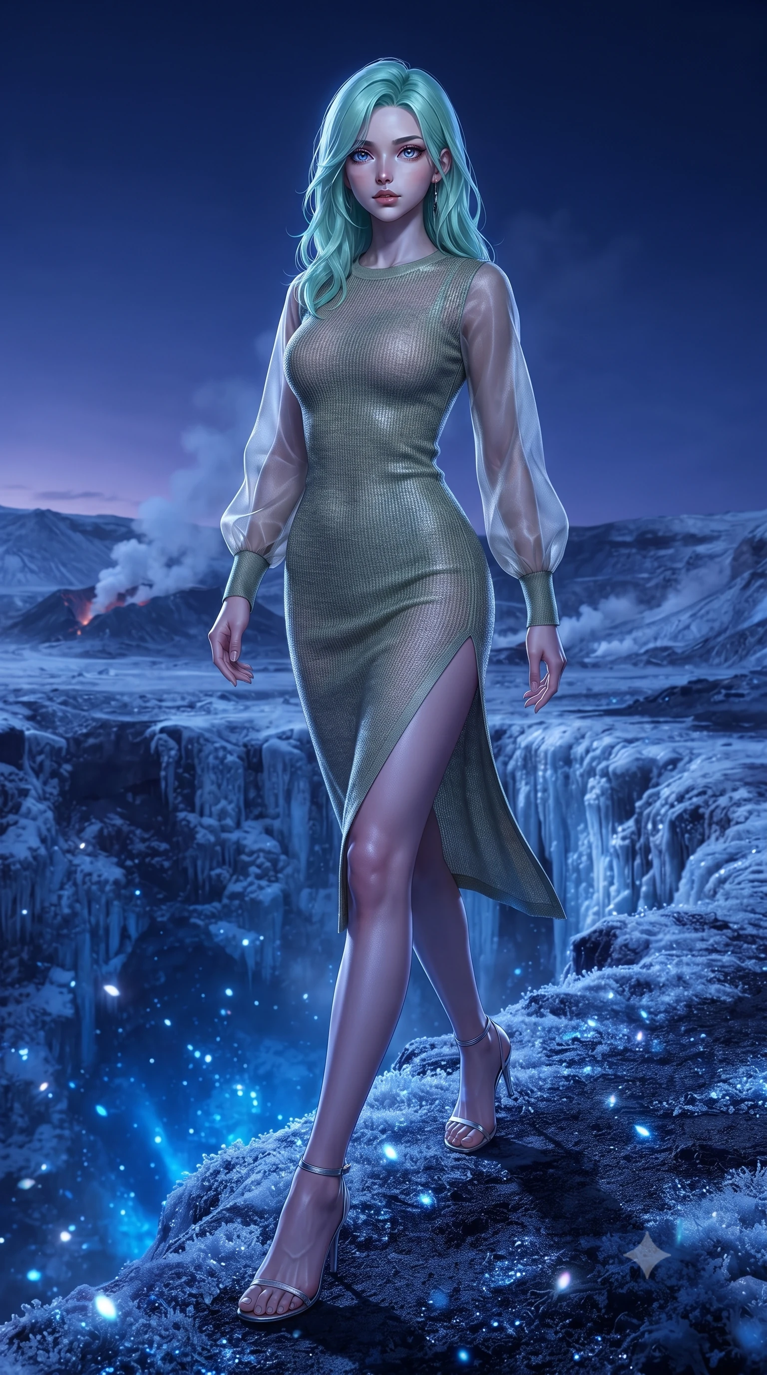 score_9, masterpiece, best quality, ultra-detailed, high-budget anime keyframe, editorial fashion photography, tasteful artistic composition, Japanese woman. low angle full-body shot from head to toe showing her feet, filling the entire 9:16 vertical frame with her statuesque presence, stretching her vertical silhouette. stepping forward with proud posture, filling the vertical frame with her magnetic presence poised on a frozen volcanic ash cliff reflecting intense blue magmatic light, glistening frost surfaces scattering brilliant blue specular highlights. She has an absolutely perfect, statuesque 8.5-heads proportion, an exceptionally tall and slender model-like female figure with impossibly long slender legs and an ultra-slim waist. sharp v-shaped jawline, high-bridge nose, intricate jewel-like eyes with depth, thick eyelashes, glossy lips with a natural sheen. wearing a sleek bodycon knit dress with sheer organza sleeve panels in sage green and oatmeal, woven from fine semi-opaque sheer organza, finished with a sleek side slit ascending to mid-thigh, the sleek second-skin texture accentuating her magnetic presence. bathed in high-contrast blue and violet spectral lighting. ultra-reflective glossy finish, specular highlights, metallic sheen, high-contrast stereoscopic depth, volumetric dynamic lighting, 2k, ultra detail, master piece, 9:16 ratio