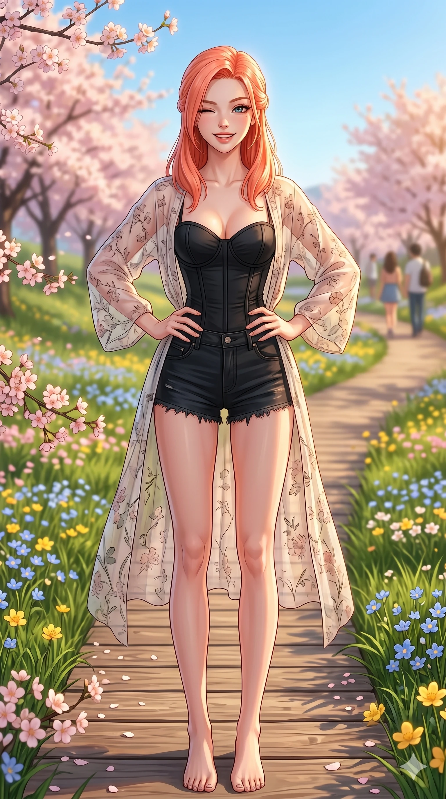 score_9, masterpiece, best quality, ultra-detailed, high-budget anime keyframe, vibrant anime aesthetic, Japanese woman. cowboy shot from the thighs up, character and outfit filling the frame for maximum presence. She is standing tall with a lively grin, winking playfully at the camera lens on a wooden boardwalk winding through spring flowers (Code-P20-136). She has an absolutely perfect 8-heads proportion, an exceptionally tall and slender female figure with impossibly long slender legs and an ultra-slim waist. V-shaped jawline, high-bridge nose, intricate jewel-like eyes with depth, thick eyelashes, glossy lips with a natural sheen. wearing a sheer chiffon beach robe over a structured black corset and micro-shorts. She is bathed in soft sun-kissed golden rays, creating beautiful highlights and shadows. 2k, ultra detail, master piece, 9:16 ratio