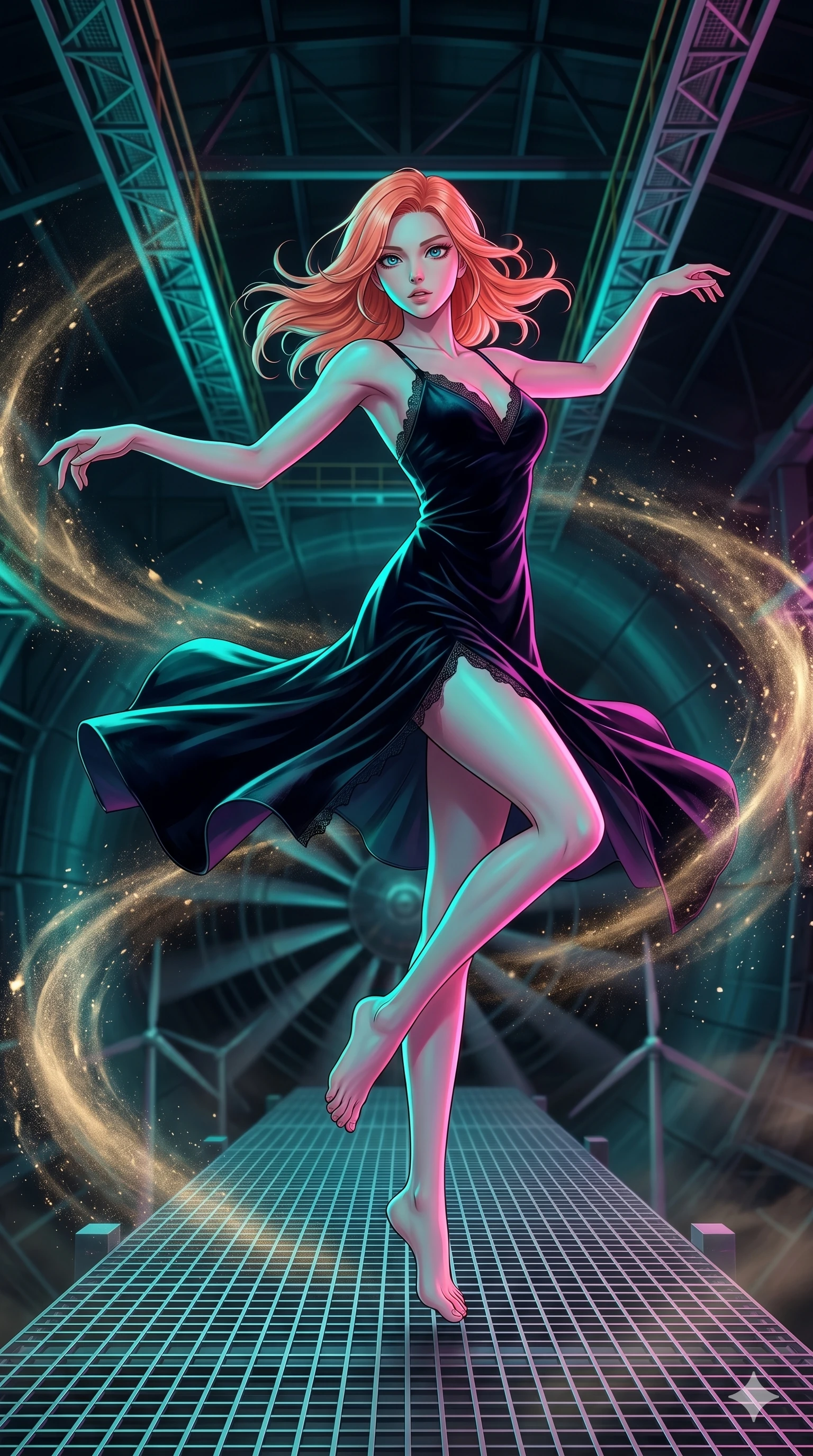 score_9, masterpiece, best quality, ultra-detailed, high-budget anime keyframe, editorial fashion photography, tasteful artistic composition, Japanese woman. low angle full-body shot from head to toe showing her feet, filling the entire 9:16 vertical frame with her statuesque presence, stretching her vertical silhouette. Spinning mid-turn with clothing caught in motion on a high-tech metal catwalk suspended inside a giant wind tunnel with swirling golden dust. She has an absolutely perfect 8-heads proportion, an exceptionally tall and slender female figure with impossibly long slender legs and an ultra-slim waist. V-shaped jawline, high-bridge nose, intricate jewel-like eyes with depth, thick eyelashes, glossy lips with a natural sheen. wearing a midnight-black velvet slip dress with thin satin straps, a V-neckline trimmed with fine lace, and an asymmetric hemline with a side slit. under intense neon teal and magenta split-lighting creating vivid chromatic contrast on her figure. 2k, ultra detail, master piece, 9:16 ratio