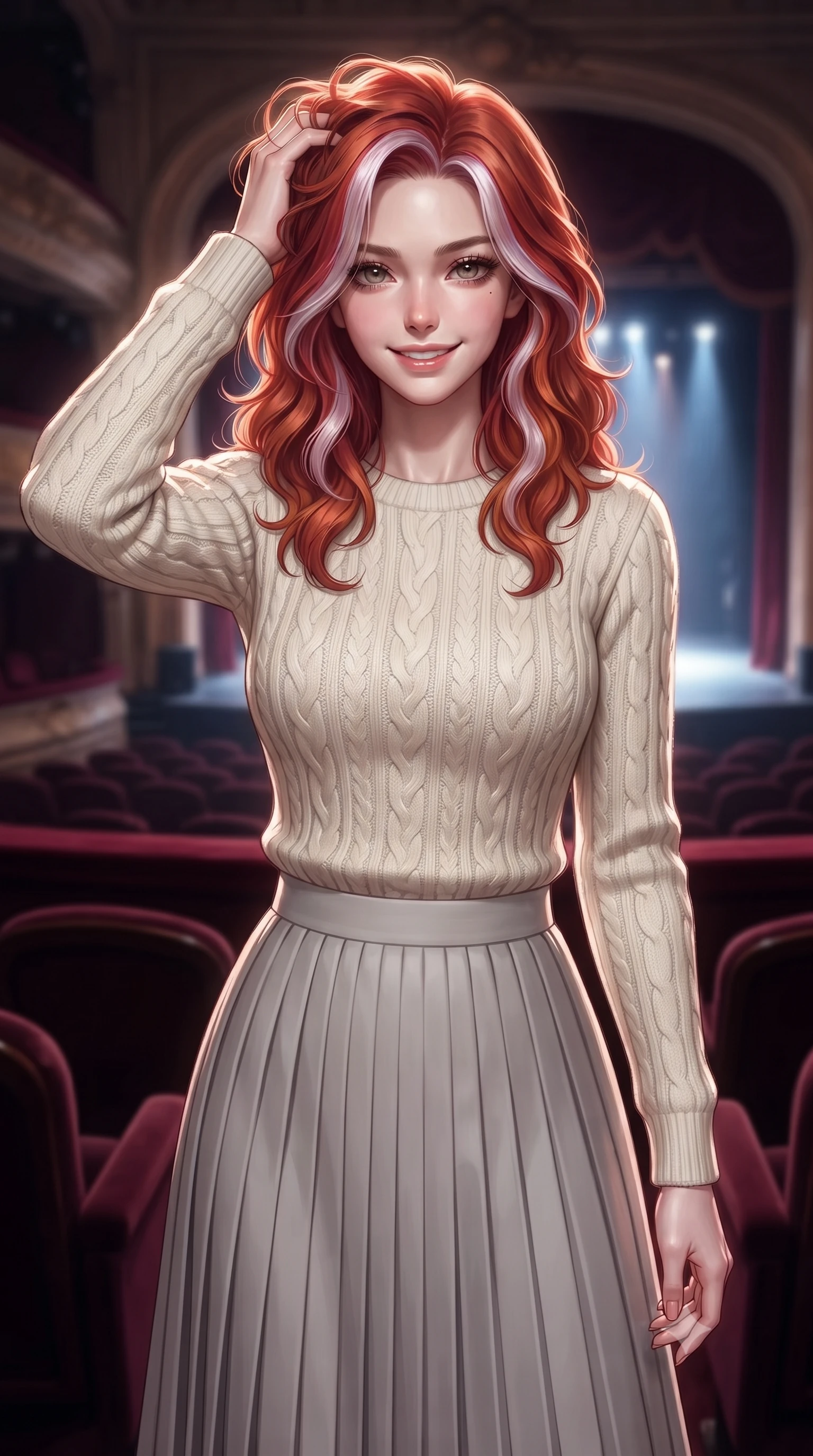 score_9, masterpiece, best quality, ultra-detailed, high-budget anime keyframe, editorial fashion photography, tasteful artistic composition, Caucasian woman. close-up cowboy shot from the waist and thighs up, the character dominates the composition, filling the frame with her large presence, background elements kept in soft focus. smiling with quiet, magnetic self-assurance directly into the camera, running a hand through her hair the background shows a soft-focus an intimate opera box suite with plush velvet seats and a view of the glowing stage. She has an exceptionally elegant, slender, and willowy female figure with an ultra-slim waist, a gracefully sculpted slender torso, and a refined silhouette. sharp v-shaped jawline, high-bridge nose, intricate jewel-like eyes with depth, thick eyelashes, glossy lips with a natural sheen. wearing a slim-fit cozy cable-knit knit sweater in ivory wool, paired with a pleated light grey midi skirt. dramatic theater stage lights casting a bright key light and deep shadows on her silhouette. ultra-reflective glossy finish, specular highlights, metallic sheen, high-contrast stereoscopic depth, volumetric dynamic lighting, 2k, ultra detail, master piece, 9:16 ratio