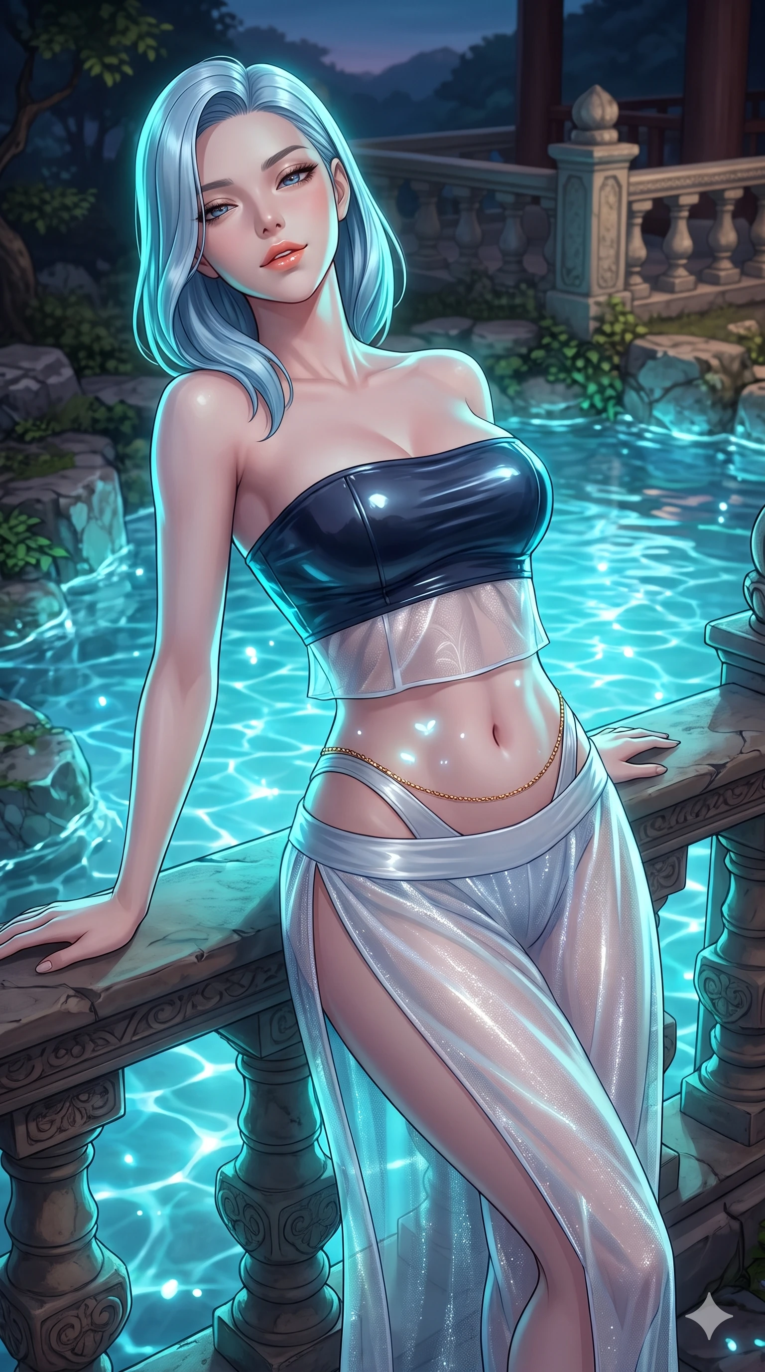 score_9, masterpiece, best quality, ultra-detailed, high-budget anime keyframe, semi-realistic 3D game render, editorial fashion photography, tasteful artistic composition, Korean woman. close-up cowboy shot from the waist and thighs up, the character dominates the composition, filling the frame with her large presence. leaning back against the balustrade with relaxed seductive grace, head tilted back slightly while casting a hypnotic, heavy-lidded gaze while twisting her slender torso in an alluring S-curve beside the crystal spring pool, floating spirit lights dancing across her flat midriff. The surrounding environment is rendered in vivid detail and crisp panoramic clarity: detailed semi-sheer gossamer hanbok slip dress cling, silk ribbon ties, and natural spring topography in razor-sharp clarity. She has an exceptionally elegant, slender, and willowy female figure with an ultra-slim waist, flat toned midriff, narrow ribcage, and sculpted feminine hips creating an alluring, slim hourglass silhouette without bulk. sharp v-shaped jawline, high-bridge nose, sparkling eyes with hypnotic seductive depth, thick curled eyelashes, glossy parted lips with a natural dewy peach sheen, alluring bedroom-eyes with an enchanting coquettish smile, exuding magnetic siren charisma and sophisticated glamour, flawlessly proportioned anatomical accuracy, strict slender model proportions, natural body alignment, perfectly sculpted long slender limbs, ultra-slim waistline, clean dynamic posture without body distortion. wearing a strapless wet-look vinyl bustier paired with sheer chiffon high-slit wrap trousers revealing her long slender legs in celestial pearl white and moonlight platinum, woven from metallic lurex thread casting radiant starlight glints across her silhouette, finished with a dainty gold belly chain resting across her flat midriff and curving hips, the precision-cut side openings and low-back scoop framing her graceful spine and the sensual sweep of her slim, toned hips. illuminated by spring water surface bounce and sharp cyan-aquamarine rim lights defining her razor-sharp jawline, narrow waist, and curvy hips. highly saturated vibrant anime colors, detailed shading with soft gradients, rich glossy textures, high-contrast stereoscopic depth, volumetric dynamic lighting, master piece, 9:16 ratio